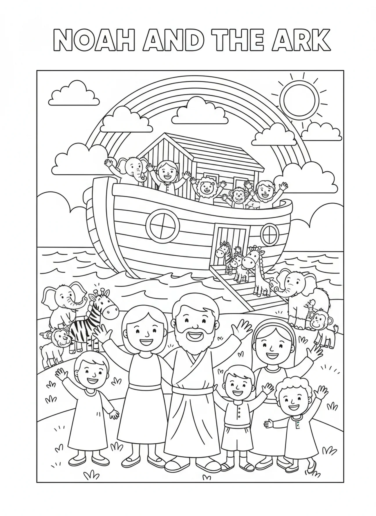 Noé et sa famille saluant, page de coloriage École du dimanche Cokesbury pour enfants de 5 à 10 ans