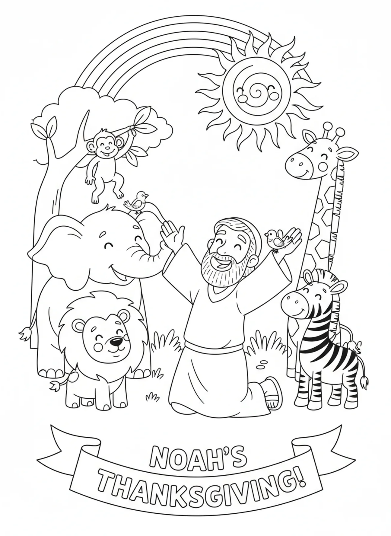 Noé s'agenouillant en gratitude, page à colorier École du dimanche Cokesbury pour enfants de 5 à 10 ans