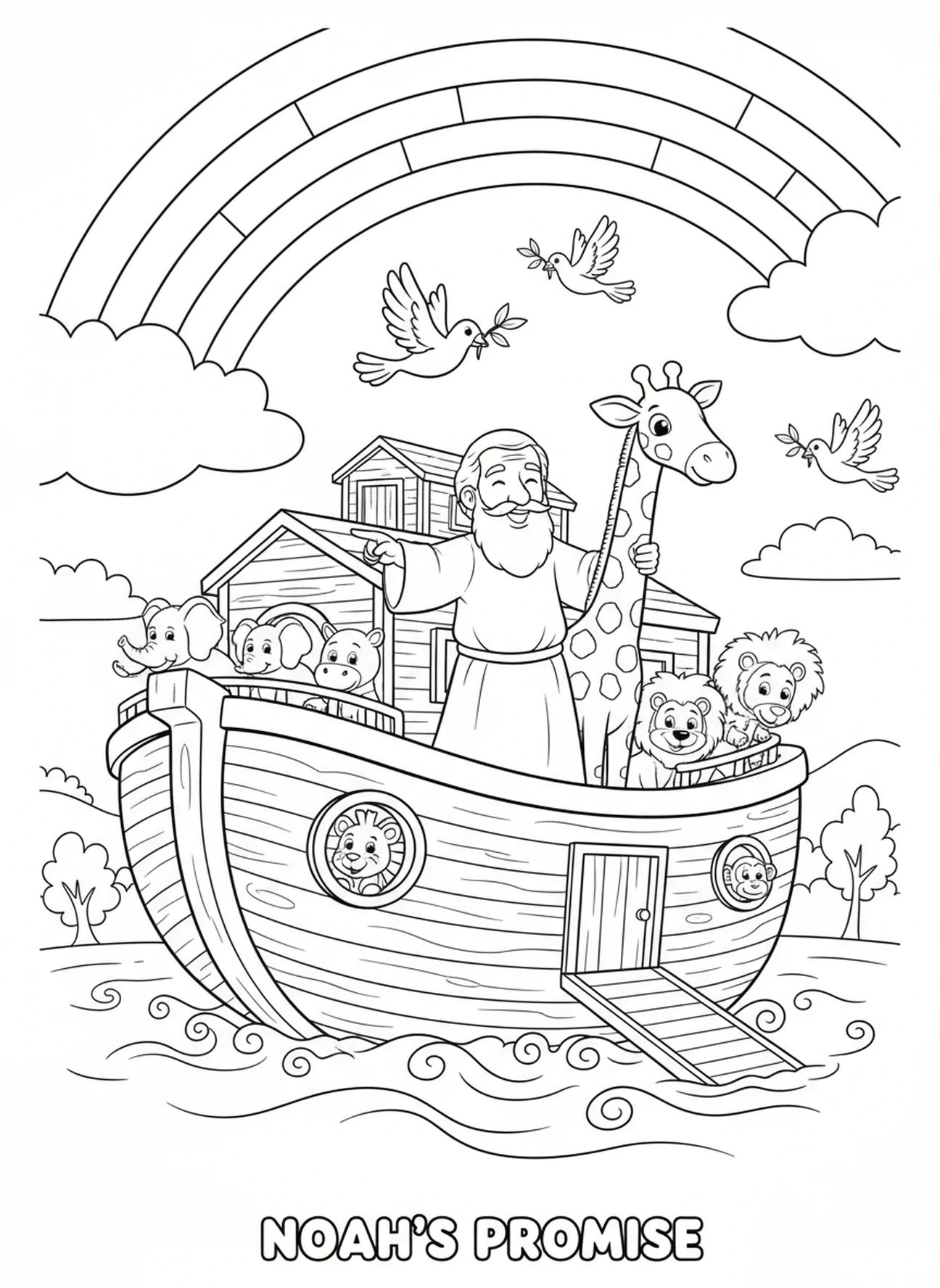 Noé montrant un arc-en-ciel, page à colorier VBS Cokesbury pour enfants de 5 à 10 ans