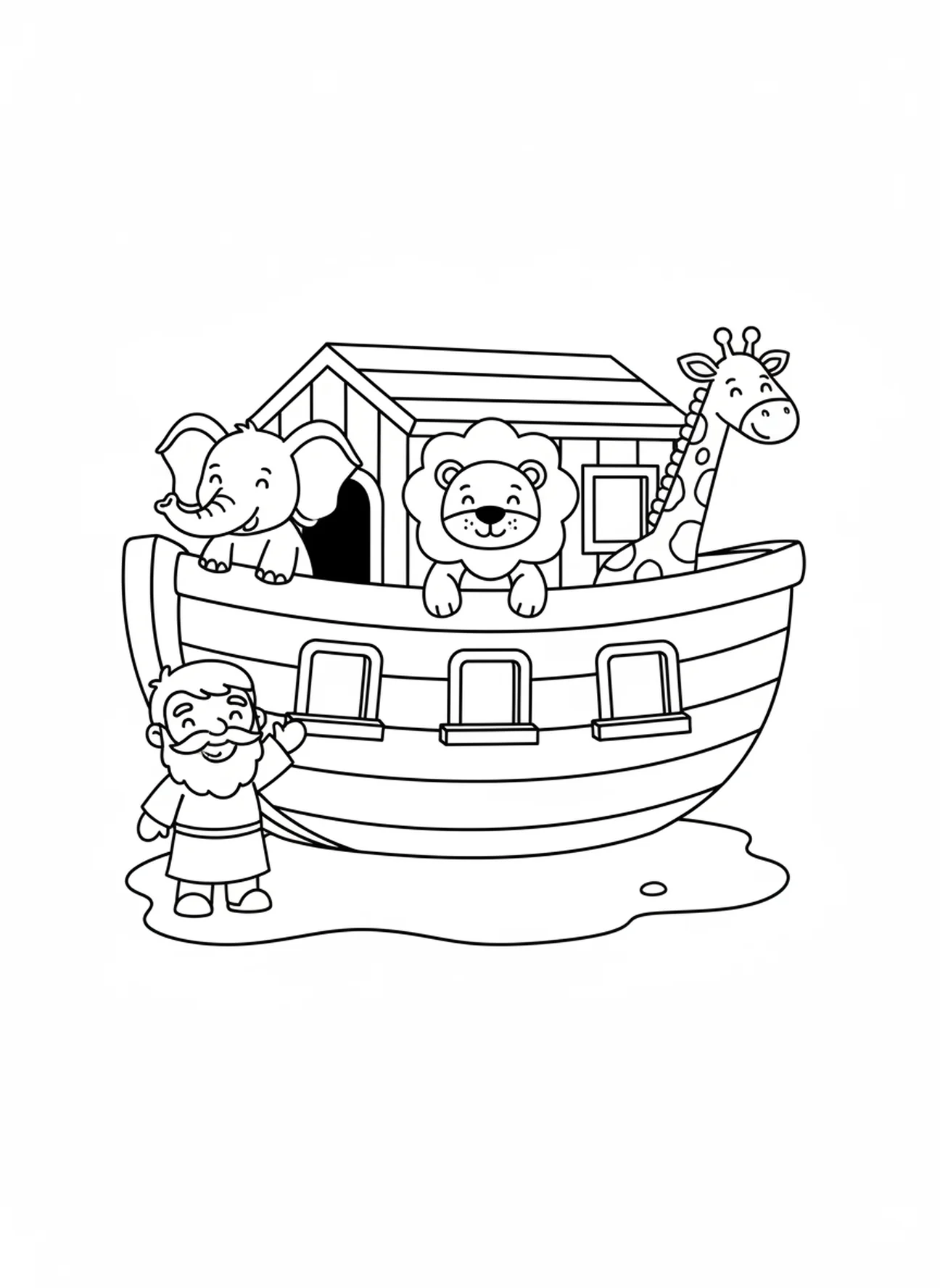 Animaux de dessin animé regardant par les fenêtres de l'arche, page de coloriage École du dimanche Cokesbury pour les enfants de 3 à 5 ans
