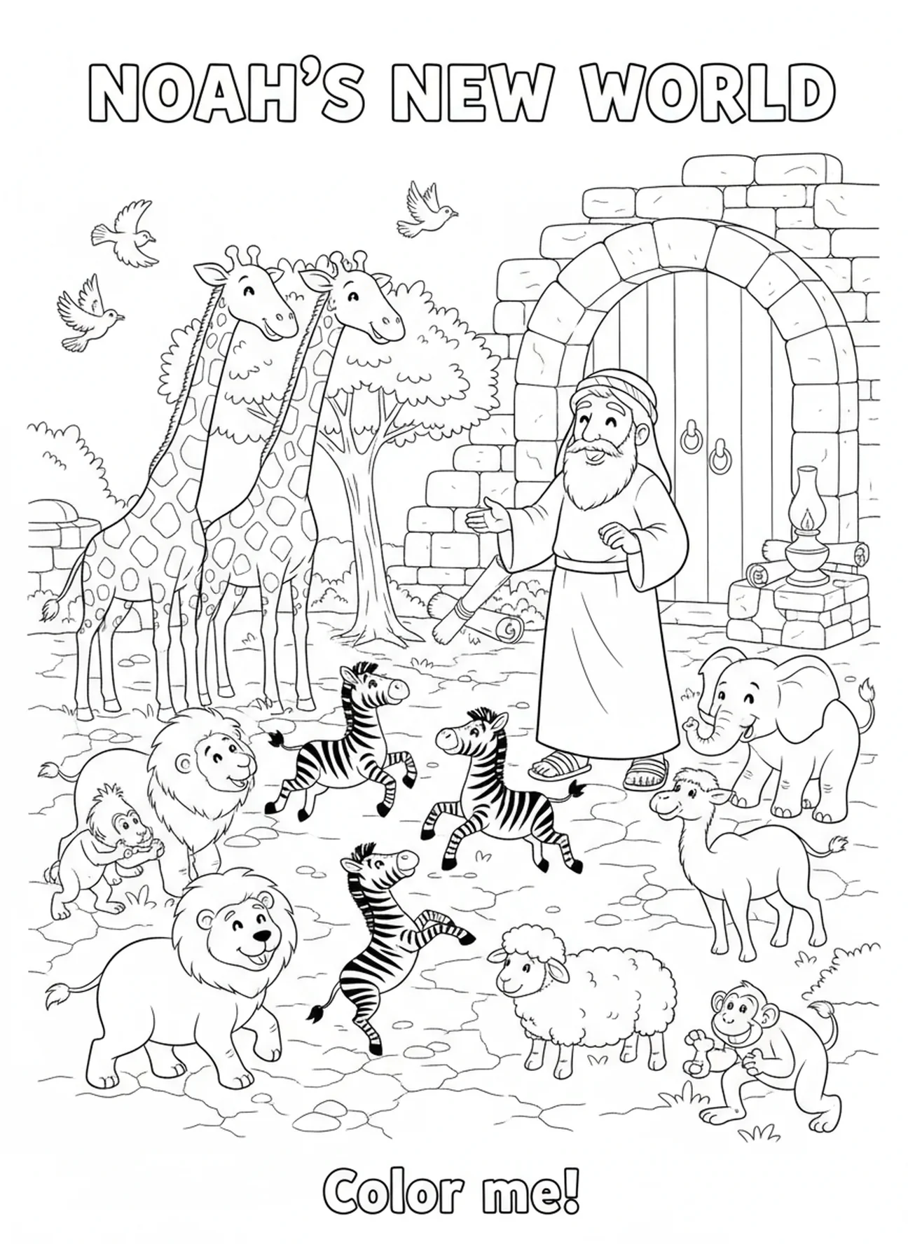 Dieren die spelen op het droge land, kleurplaat voor de Vakantie Bijbelweek voor kinderen van 5-12 jaar.