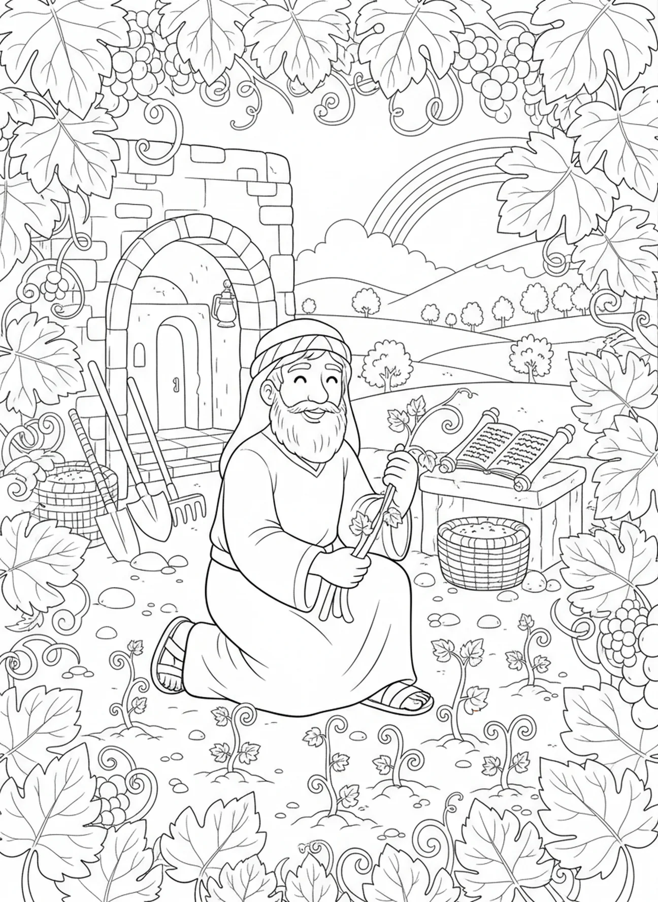 Noach die een wijngaard plant, kleurplaat voor de Zondagsschool voor kinderen van 5-12 jaar.