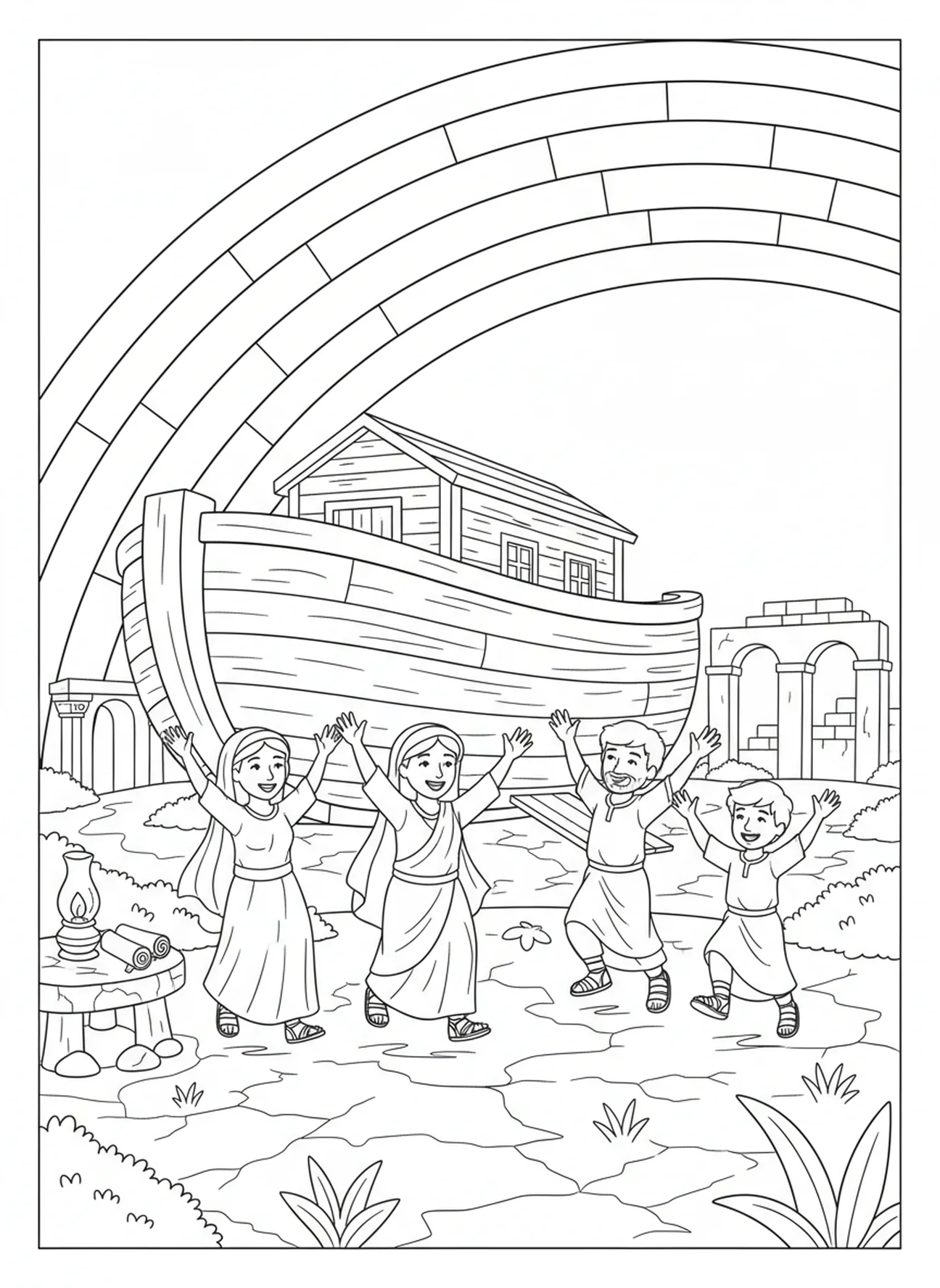 Regenboog die over de ark boogt, Vakantie Bijbel School kleurplaat voor Zondagsschool kinderen van 5-12 jaar.