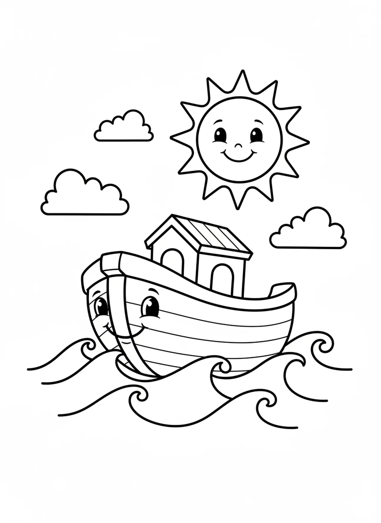 Arche, die auf Wellen schwimmt, Ausmalbild für den Religionsunterricht für Vorschulkinder im Alter von 3-5 Jahren.