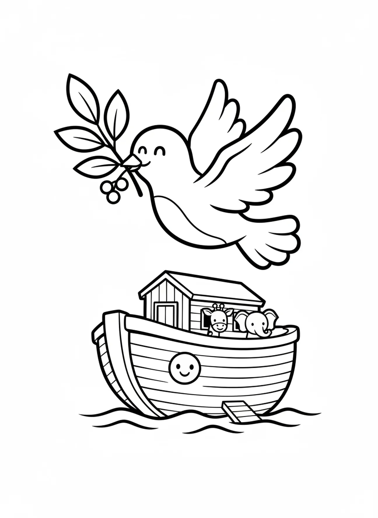 Taube mit Olivenzweig, Ausmalbild für die Sonntagsschule für Vorschulkinder im Alter von 3-5 Jahren.