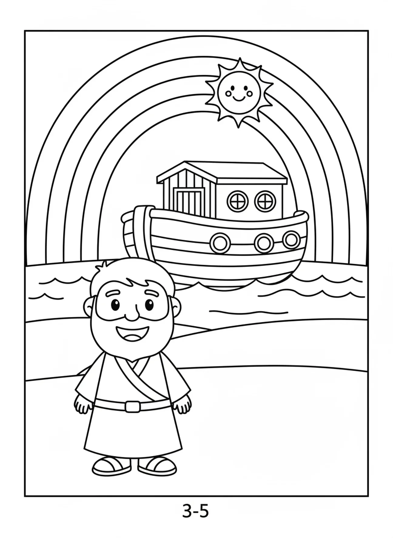 Regenbogen über Noah, Ausmalbild für die Sonntagsschule für Vorschulkinder im Alter von 3-5 Jahren.