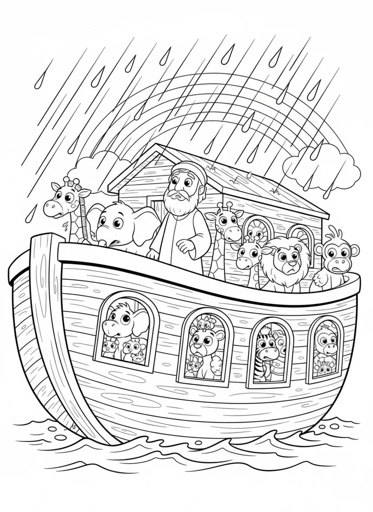 Noah beobachtet den Regen, Ausmalbild für die Sonntagsschule zum Thema Tiefsee für Kinder im Alter von 5-10 Jahren