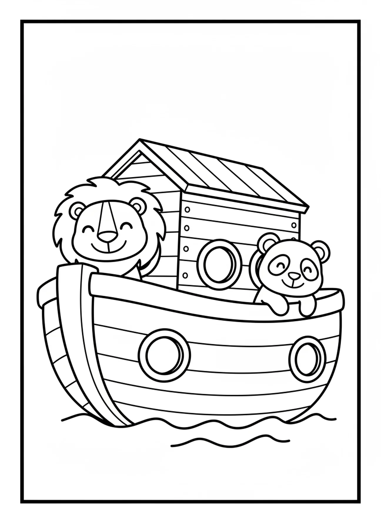 Leão feliz e panda espiando da arca, página de colorir VBS Fundo do Mar para crianças de 3 a 5 anos