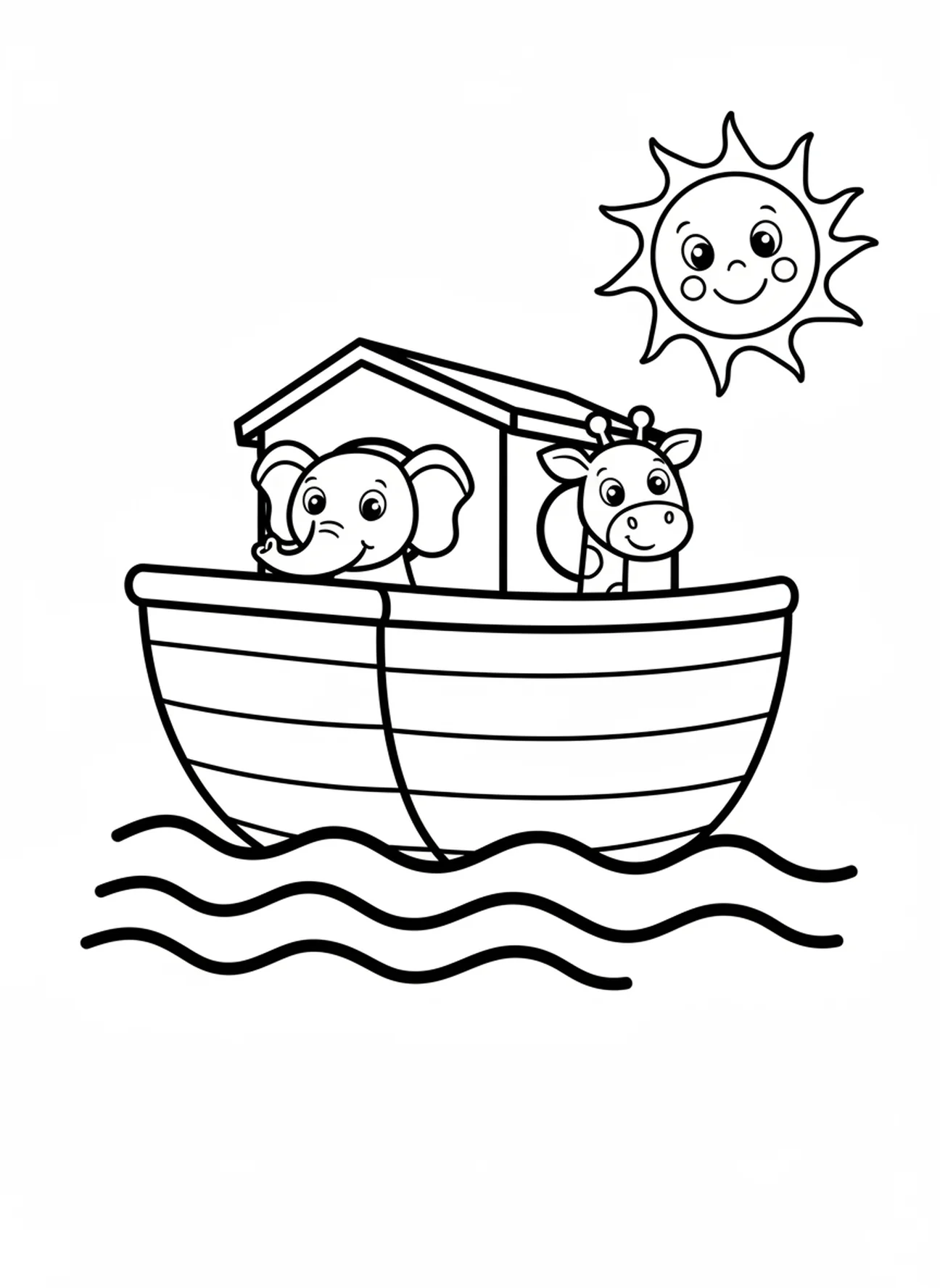 Arca flutuando em ondas com sol sorridente, página de colorir VBS Fundo do Mar para crianças de 3 a 5 anos