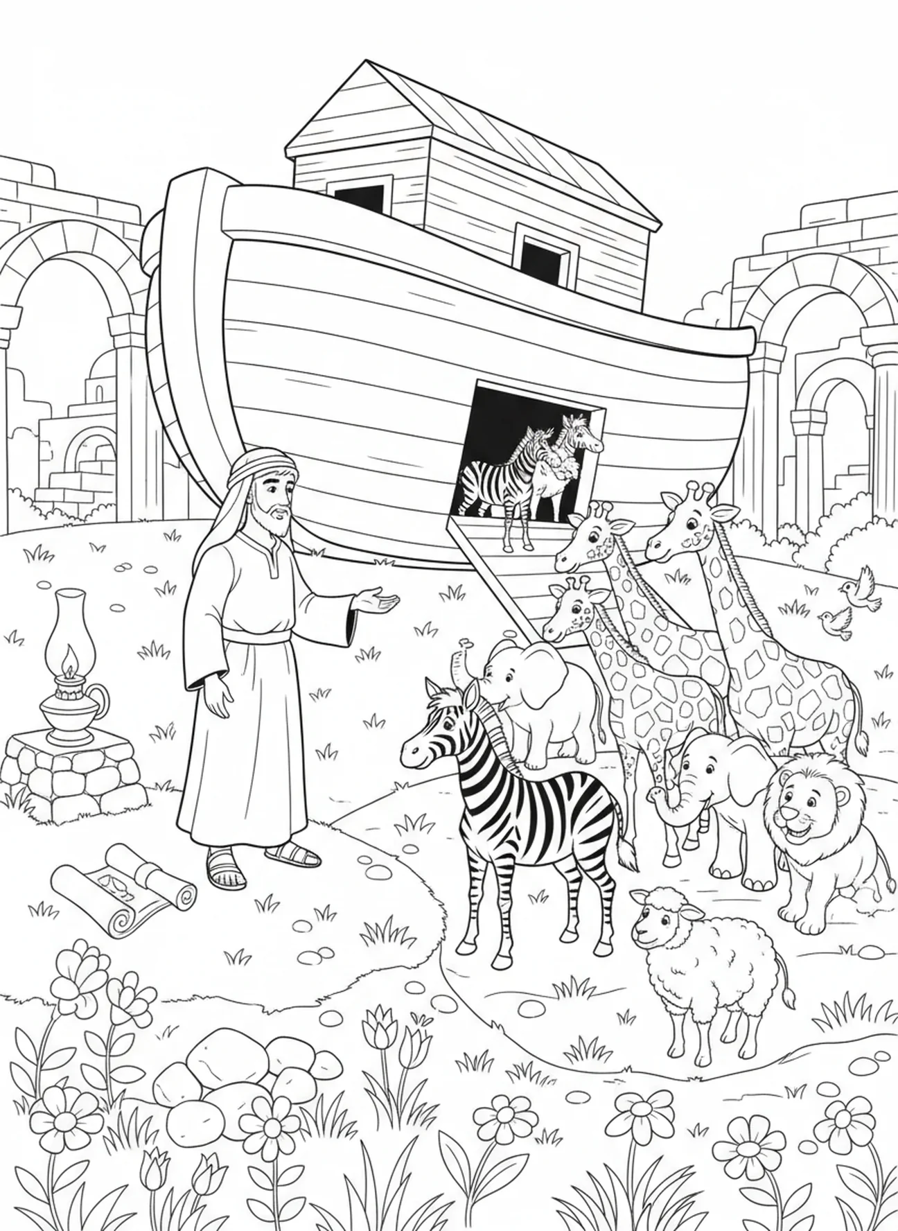 Animais saindo da arca, página para colorir do VBS Fundo do Mar para crianças da Escola Dominical de 5 a 12 anos.