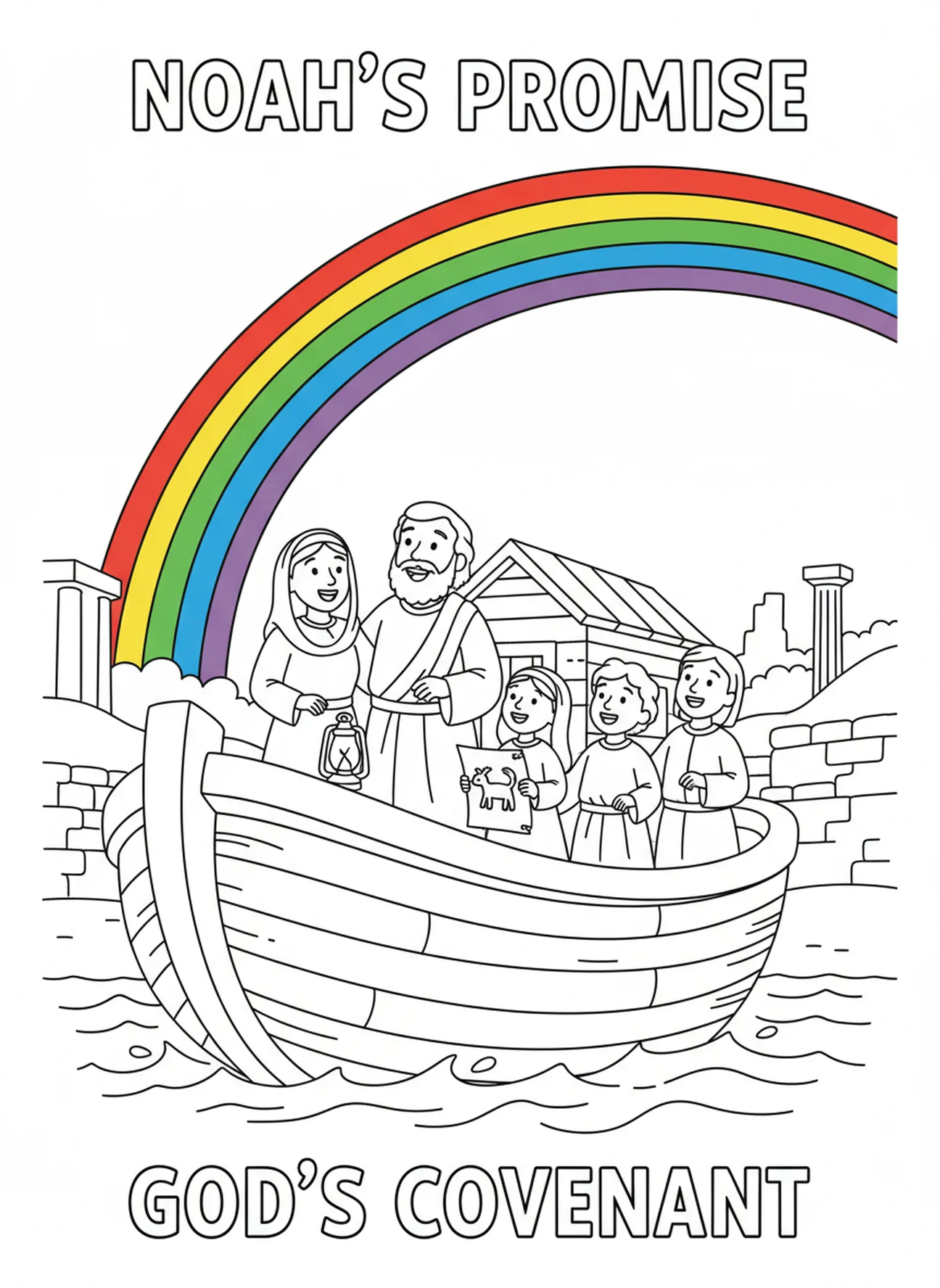 Noé e sua família sob o arco-íris, página de colorir VBS Fundo do Mar para crianças da Escola Dominical de 5 a 12 anos.