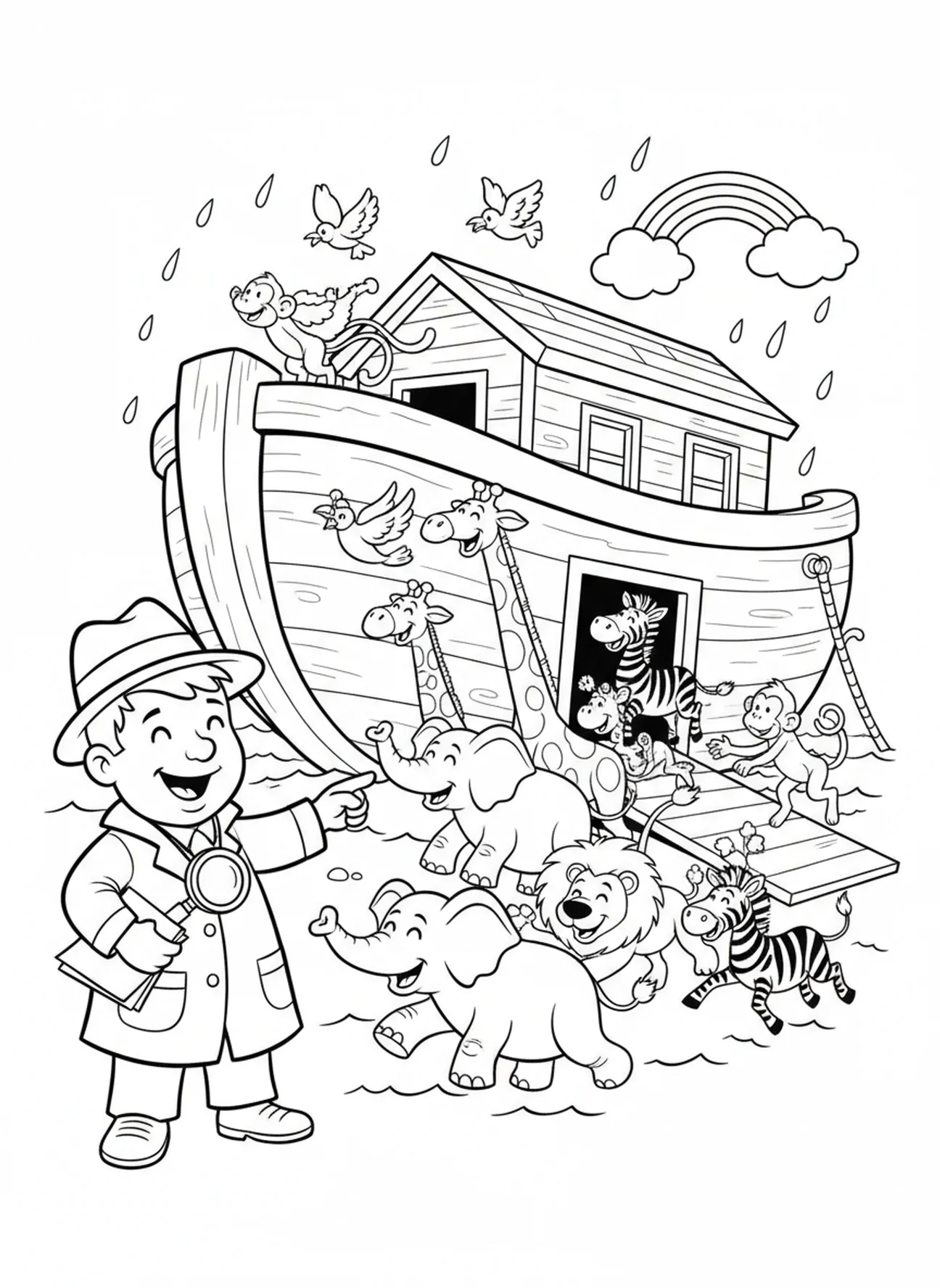 Tiere, die in die Arche Noah einsteigen, Ausmalbild für die Sonntagsschule für Kinder im Alter von 5-10 Jahren.
