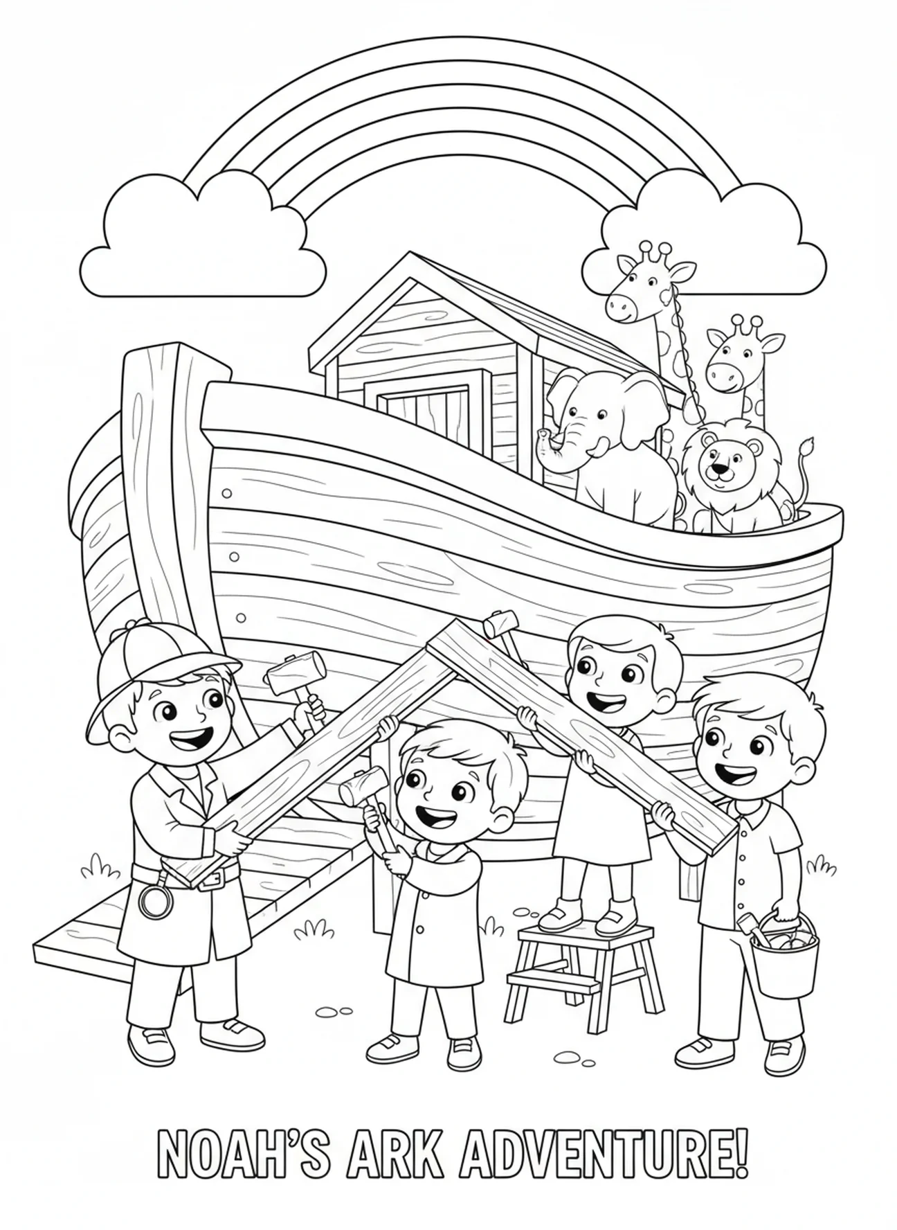 Detektiv und Freunde bauen die Arche, Ausmalbild für die Sonntagsschule für Kinder im Alter von 5-10 Jahren.