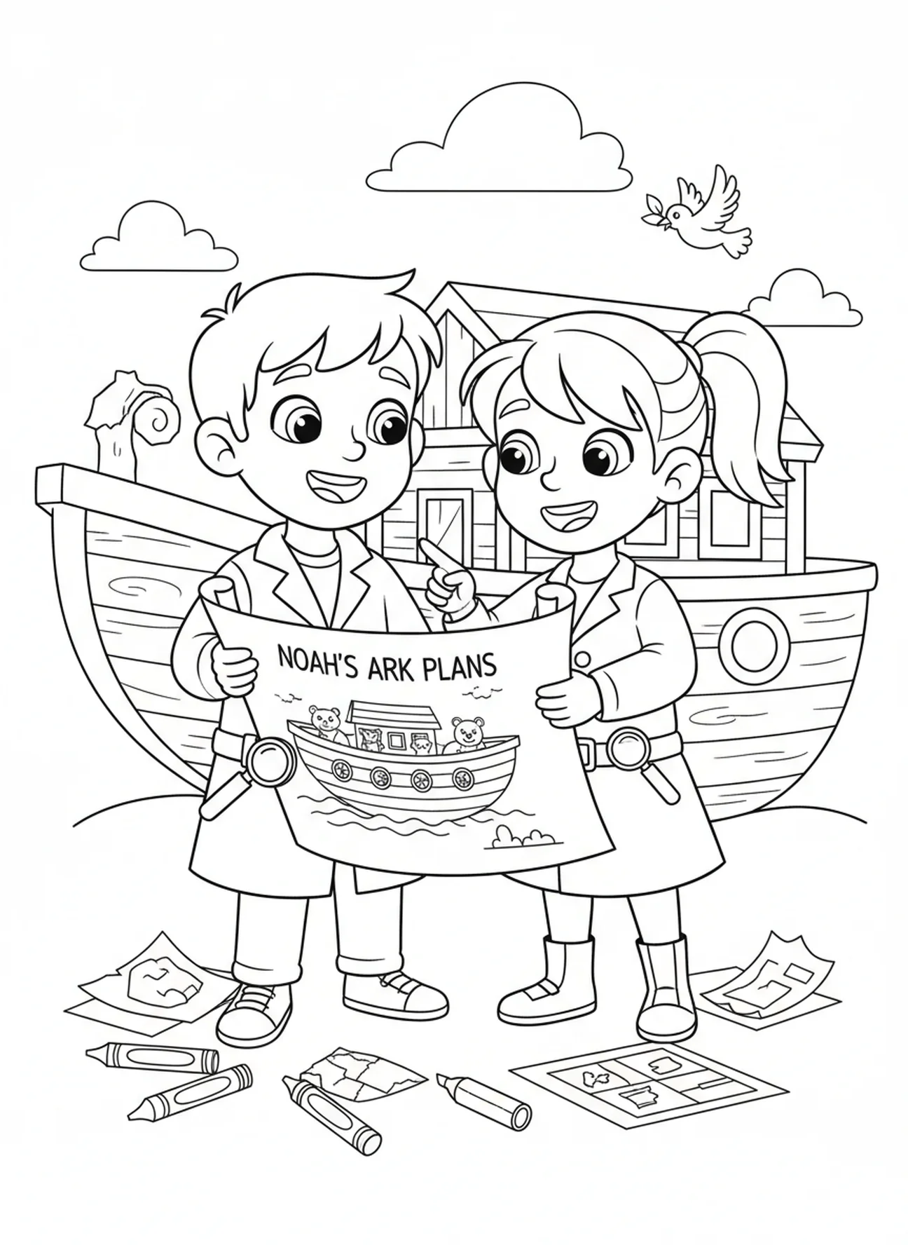 Detektiv hält die Pläne der Arche, Ausmalbild für die Sonntagsschule für Kinder im Alter von 5-10 Jahren.