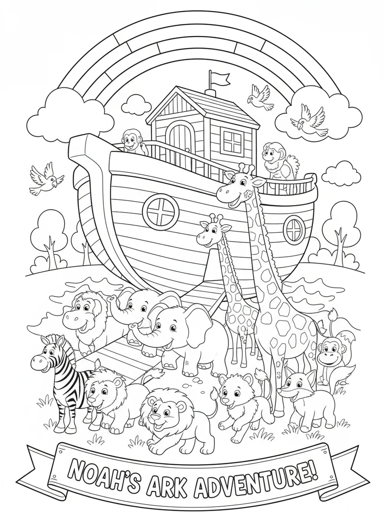 Cartoon-Tiere nähern sich der Arche, Ausmalbild für die Sonntagsschule für Kinder im Alter von 5-10 Jahren