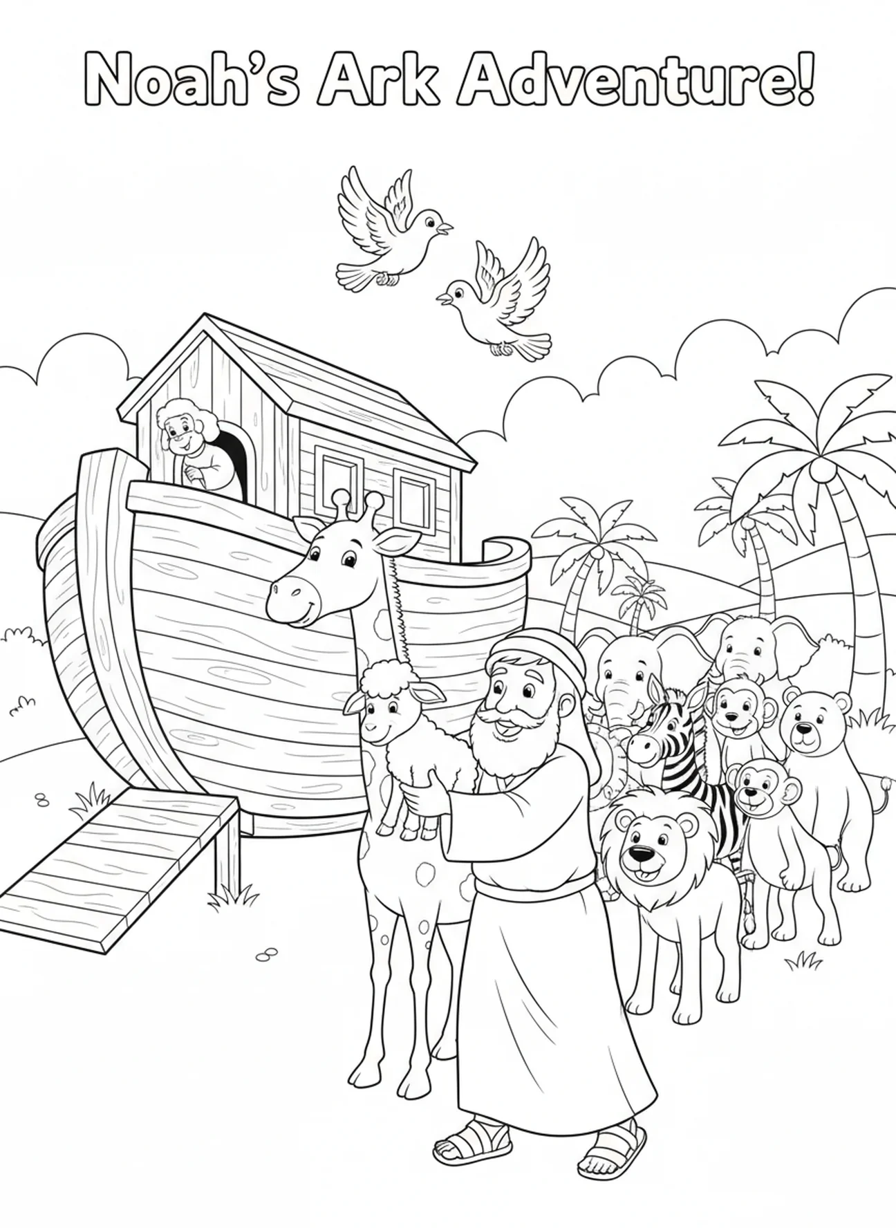 Noah lädt Tiere in die Arche, Ausmalbild für die Sonntagsschule für Kinder im Alter von 5-10 Jahren