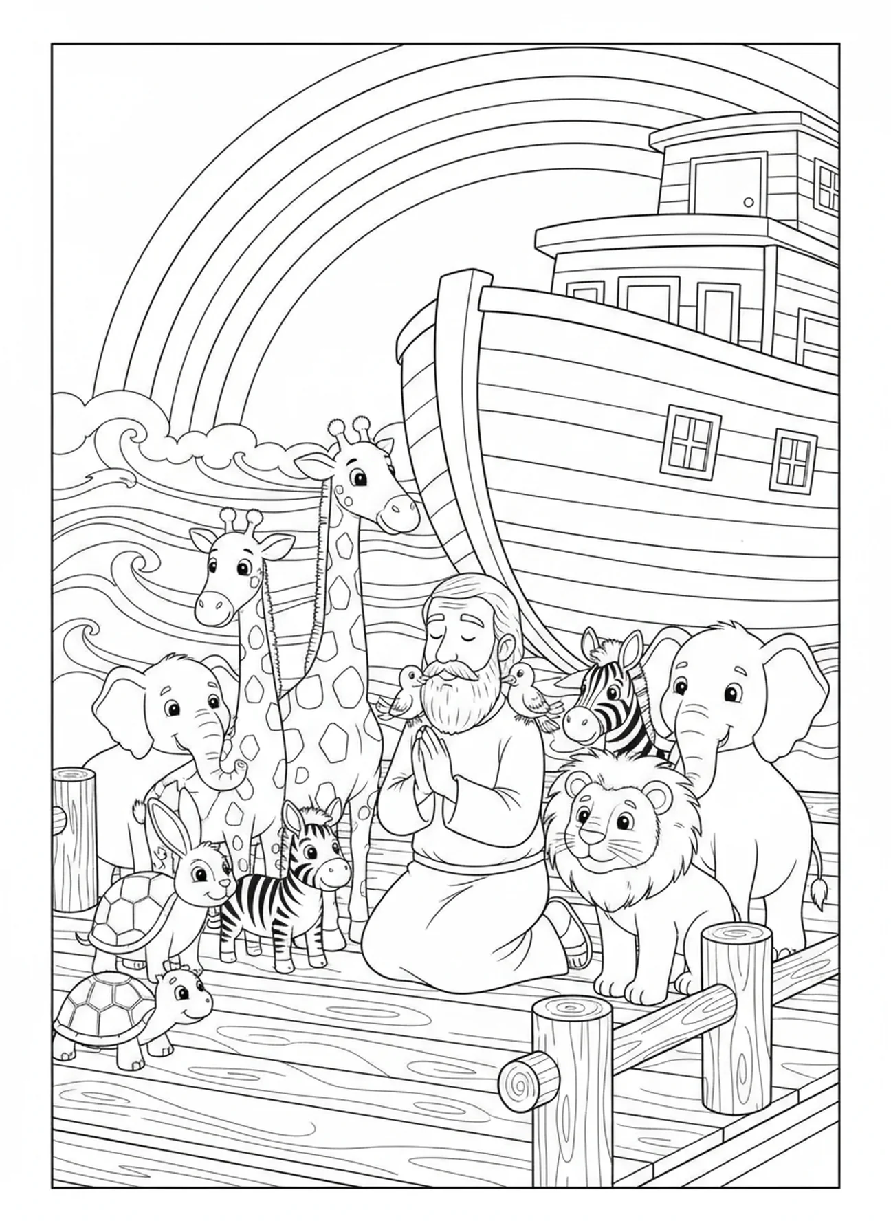Noah betet auf der Arche, Ausmalbild für die Sonntagsschule für Kinder im Alter von 5-10 Jahren
