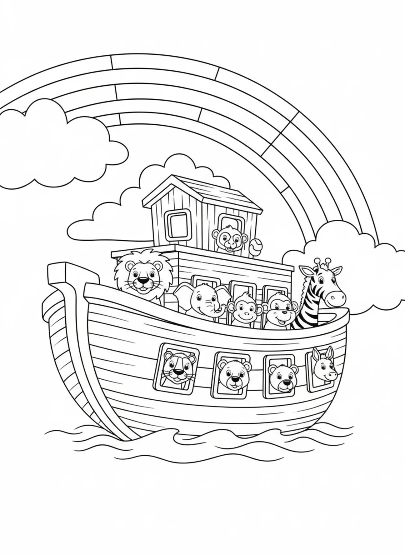 Regenbogen über Noahs Arche, Ausmalbild für die Sonntagsschule für Kinder im Alter von 5-10 Jahren