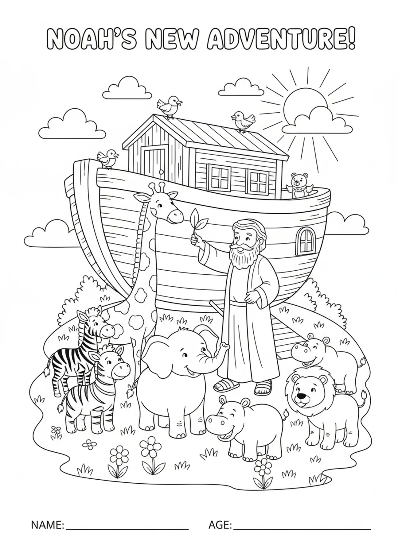 Noah mit versammelten Tieren, Ausmalbild für die Sonntagsschule für Kinder im Alter von 5-10 Jahren