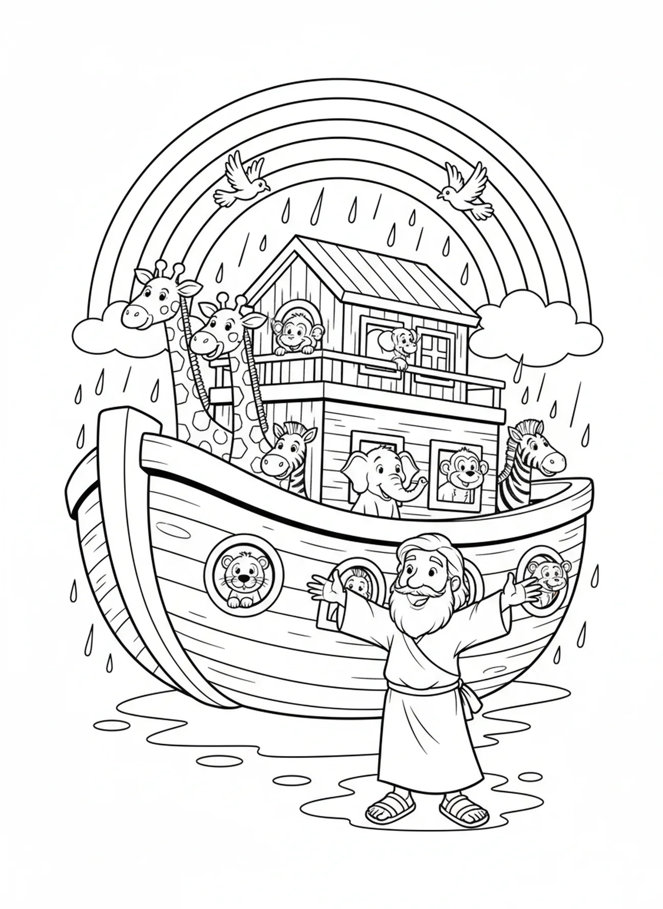 Noah mit Regenbogen, Ausmalbild für die Sonntagsschule für Kinder im Alter von 5-10 Jahren