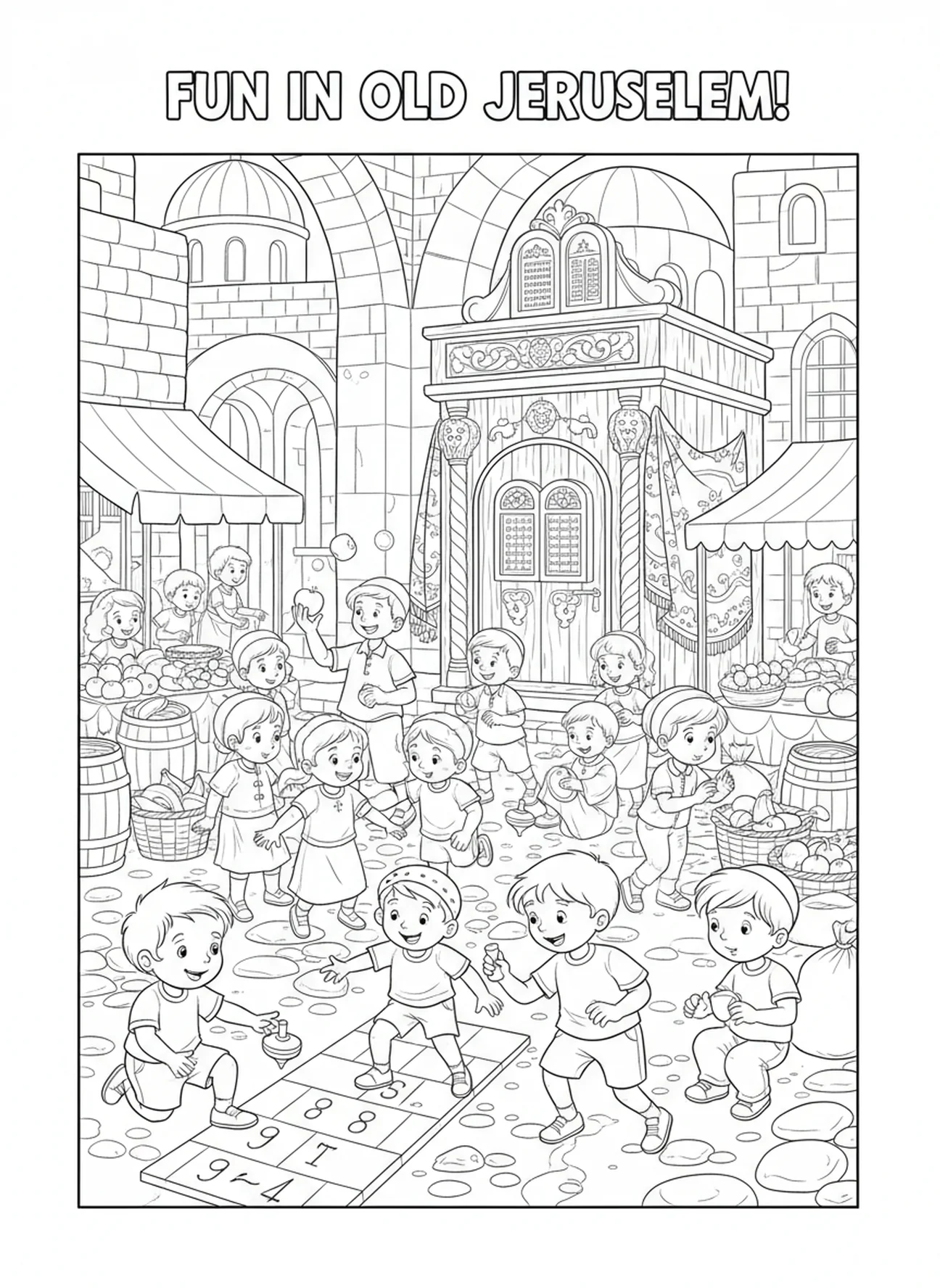 Kinder beim Spielen, Ausmalbild vom Marktplatz Jerusalems für Kinder im Alter von 5-10 Jahren