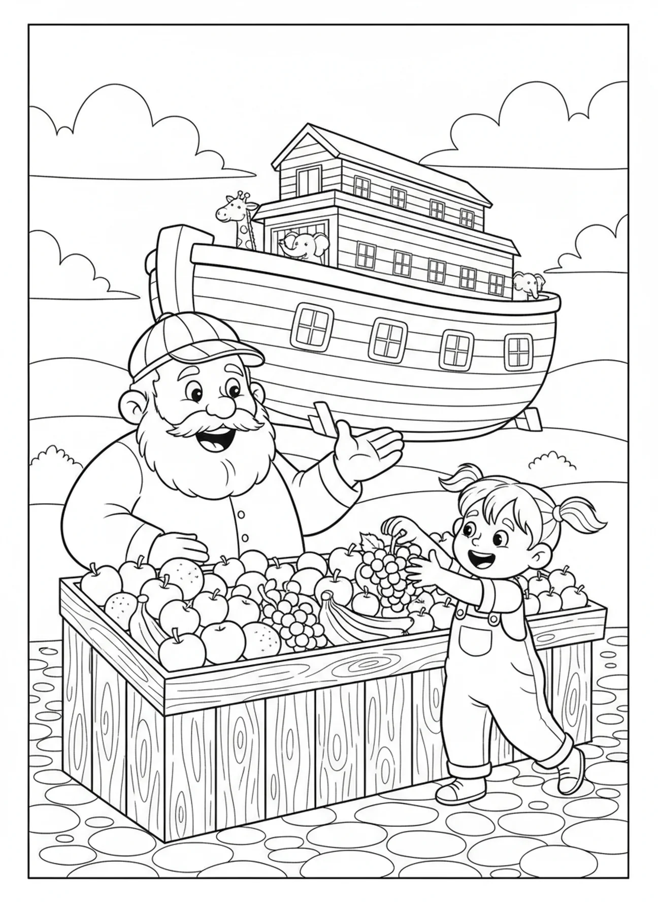 Obsthändler, Ausmalbild für die Jerusalem-Marktplatz Sonntagsschule für Kinder im Alter von 5-10 Jahren