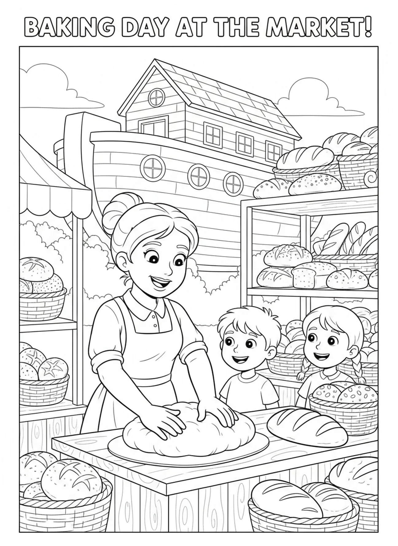Bäckerin, Ausmalbild für die Jerusalem-Marktplatz Sonntagsschule für Kinder im Alter von 5-10 Jahren