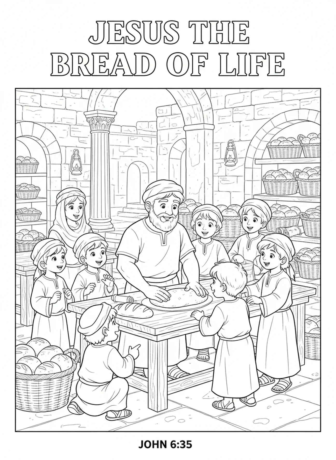 Boulanger façonnant de la pâte, page à colorier du Marché de Jérusalem pour les enfants de l'École du dimanche âgés de 5 à 12 ans