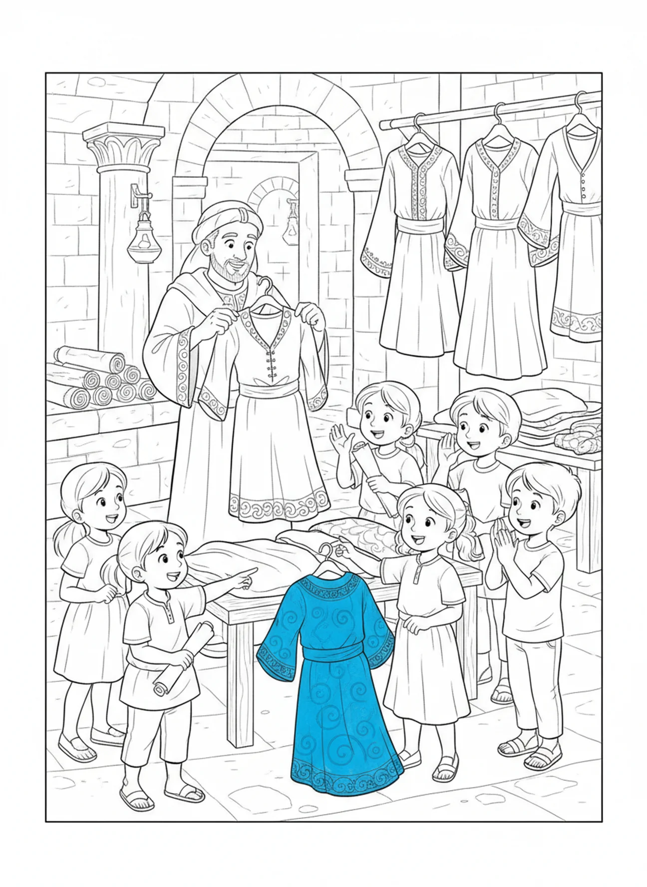 Vendeur avec des robes colorées, page à colorier du Marché de Jérusalem pour les enfants de l'École du dimanche âgés de 5 à 12 ans