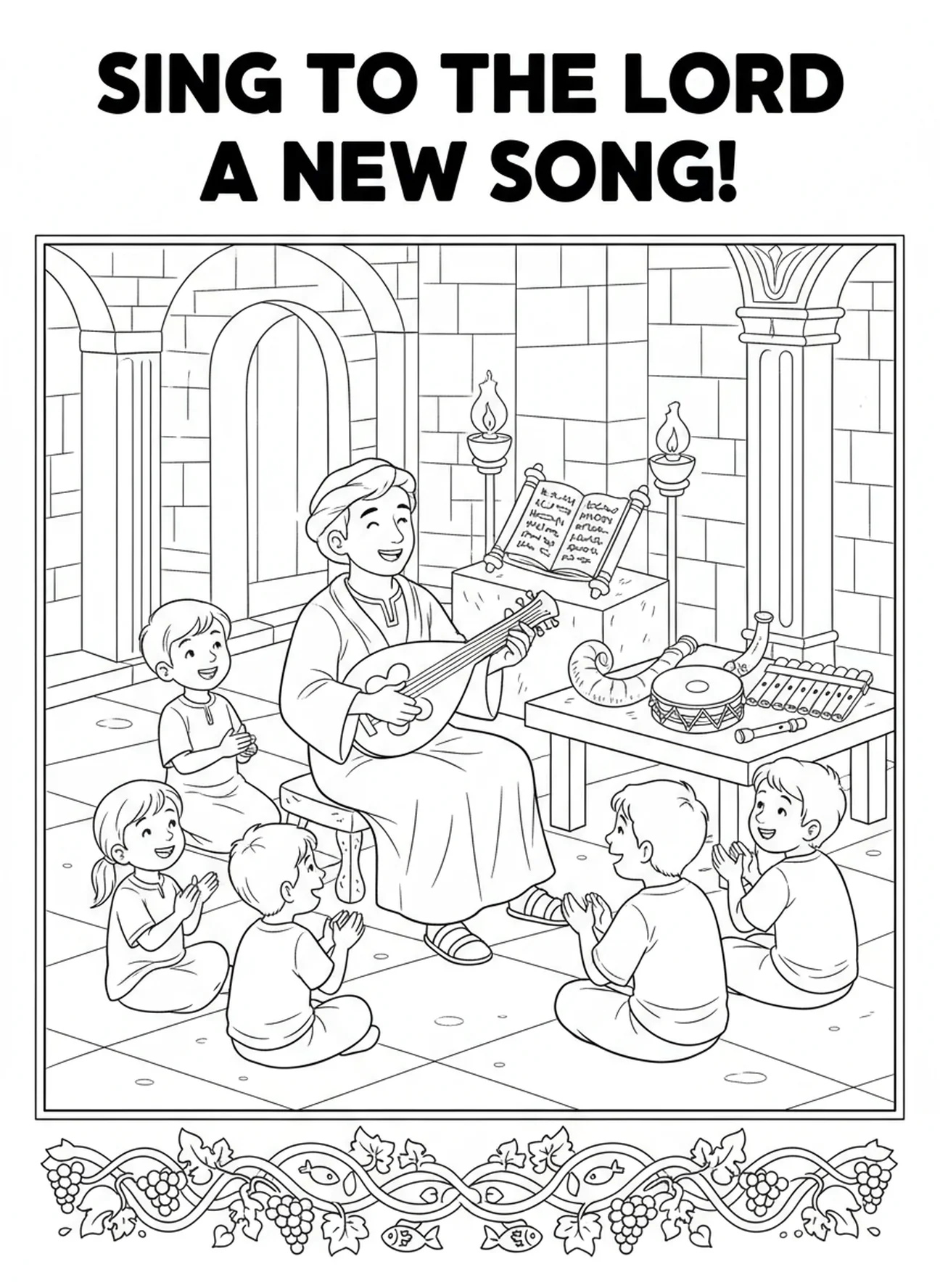 Musicien avec une lyre, page à colorier du marché de Jérusalem pour les enfants de l'École du dimanche âgés de 5 à 12 ans