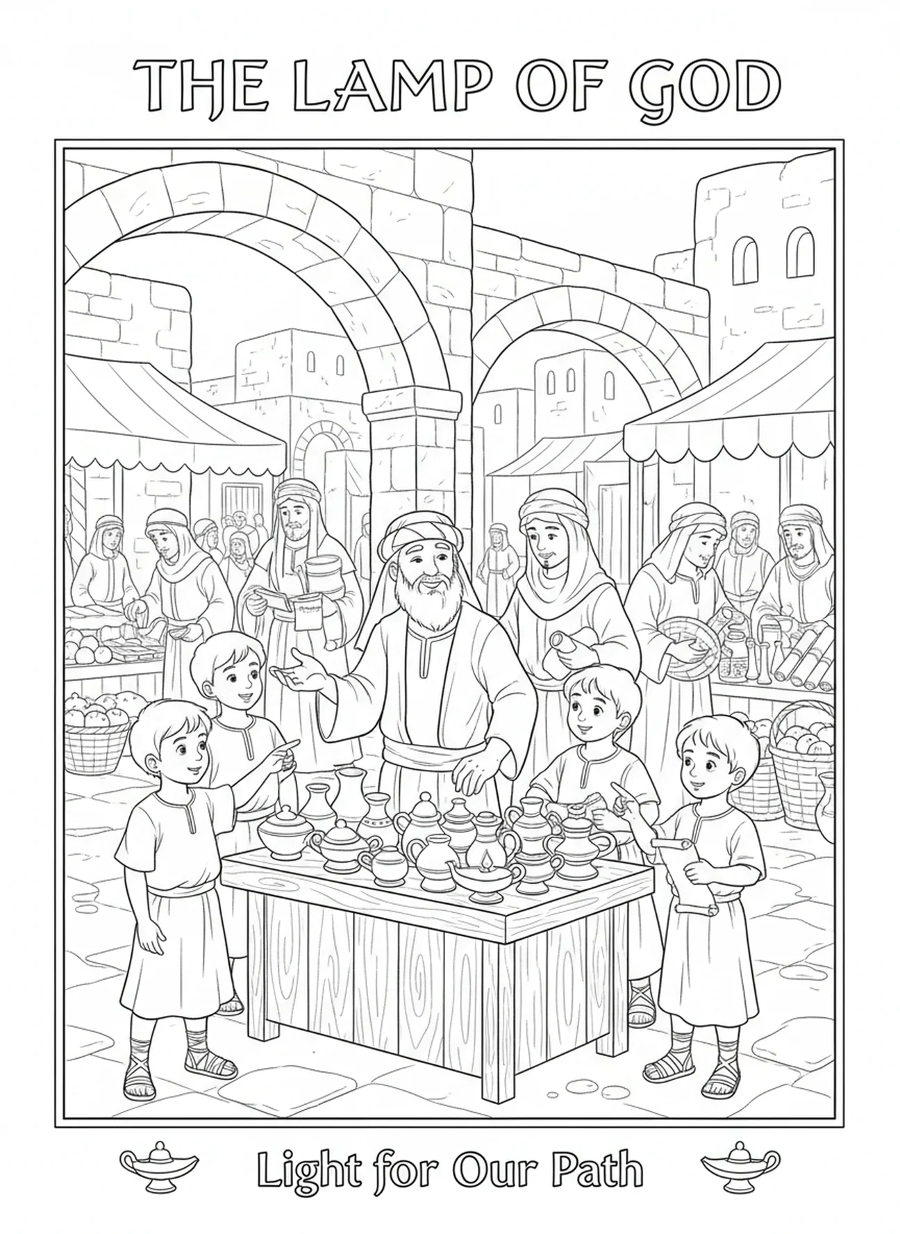 Vendeur de lampes à huile, page à colorier du marché de Jérusalem pour les enfants de l'École du dimanche âgés de 5 à 12 ans
