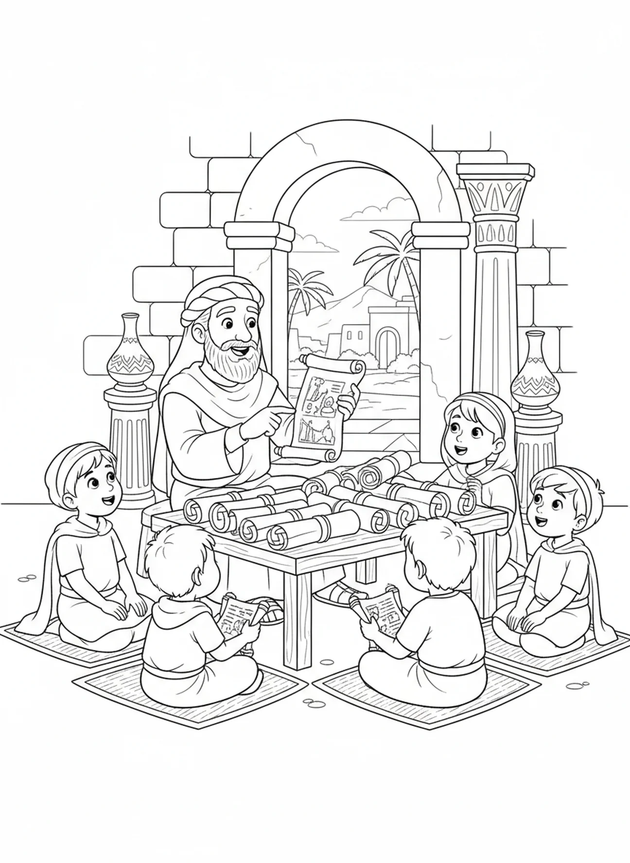 Marchand avec des rouleaux, page à colorier du Marché de Jérusalem pour les enfants de l'École du dimanche âgés de 5 à 12 ans