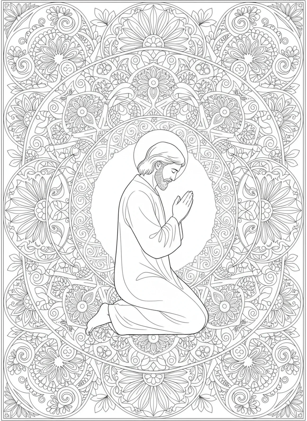 Noah betet in der Reflexion, Ausmalbild für die Sonntagsschule im Dschungel-Safari-Stil für Erwachsene, Bibel-Journaling