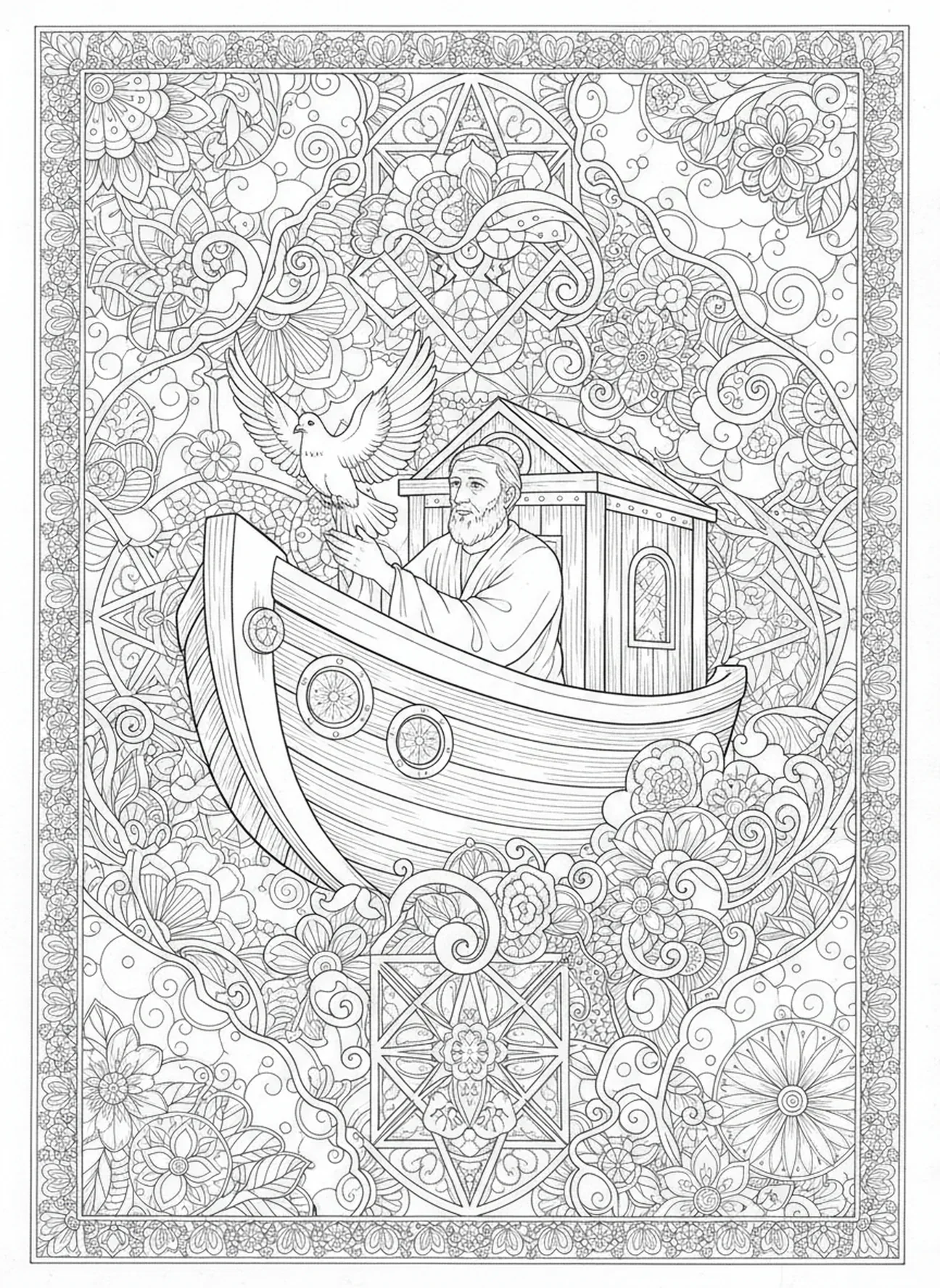 Noah, der eine Taube freilässt, Ausmalbild für die Sonntagsschule im Dschungel-Safari-Stil für Erwachsene, Bibel-Journaling