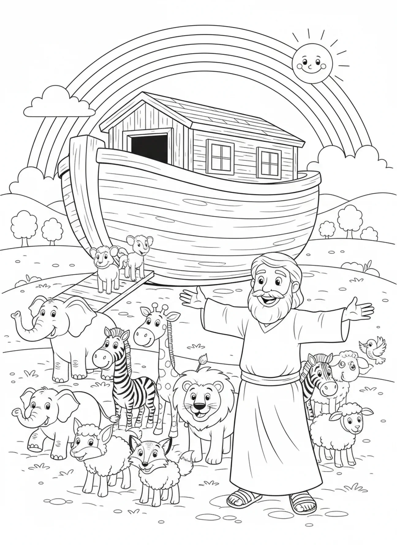 Noé avec les animaux, page à colorier École du dimanche Jungle Safari pour les enfants de 5 à 10 ans.