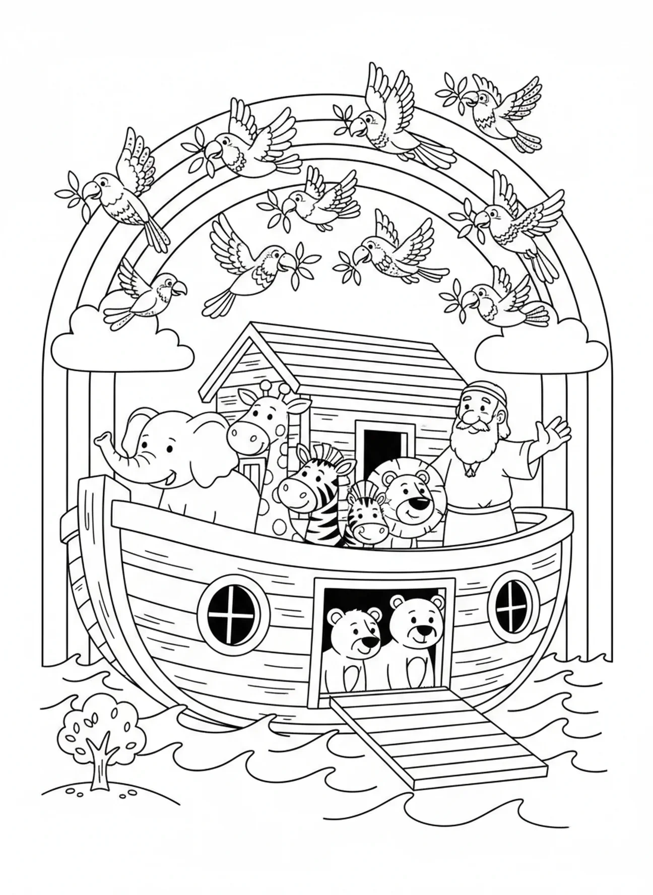 Oiseaux dessinés volant, page à colorier École du dimanche Jungle Safari pour les enfants de 5 à 10 ans.