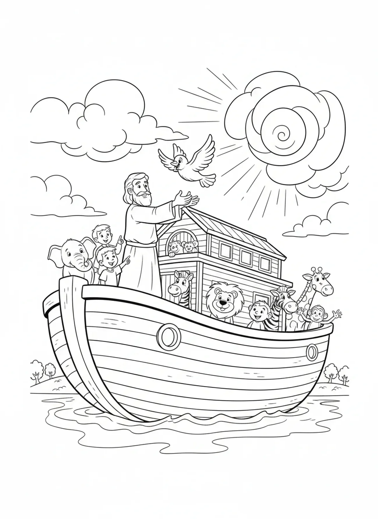 Noé lâchant une colombe, page à colorier École du dimanche Jungle Safari pour les enfants de 5 à 10 ans.