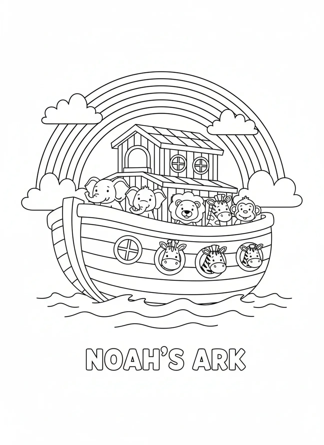 L'arche avec un arc-en-ciel, page à colorier pour l'École du dimanche Jungle Safari pour les enfants de 5 à 10 ans.