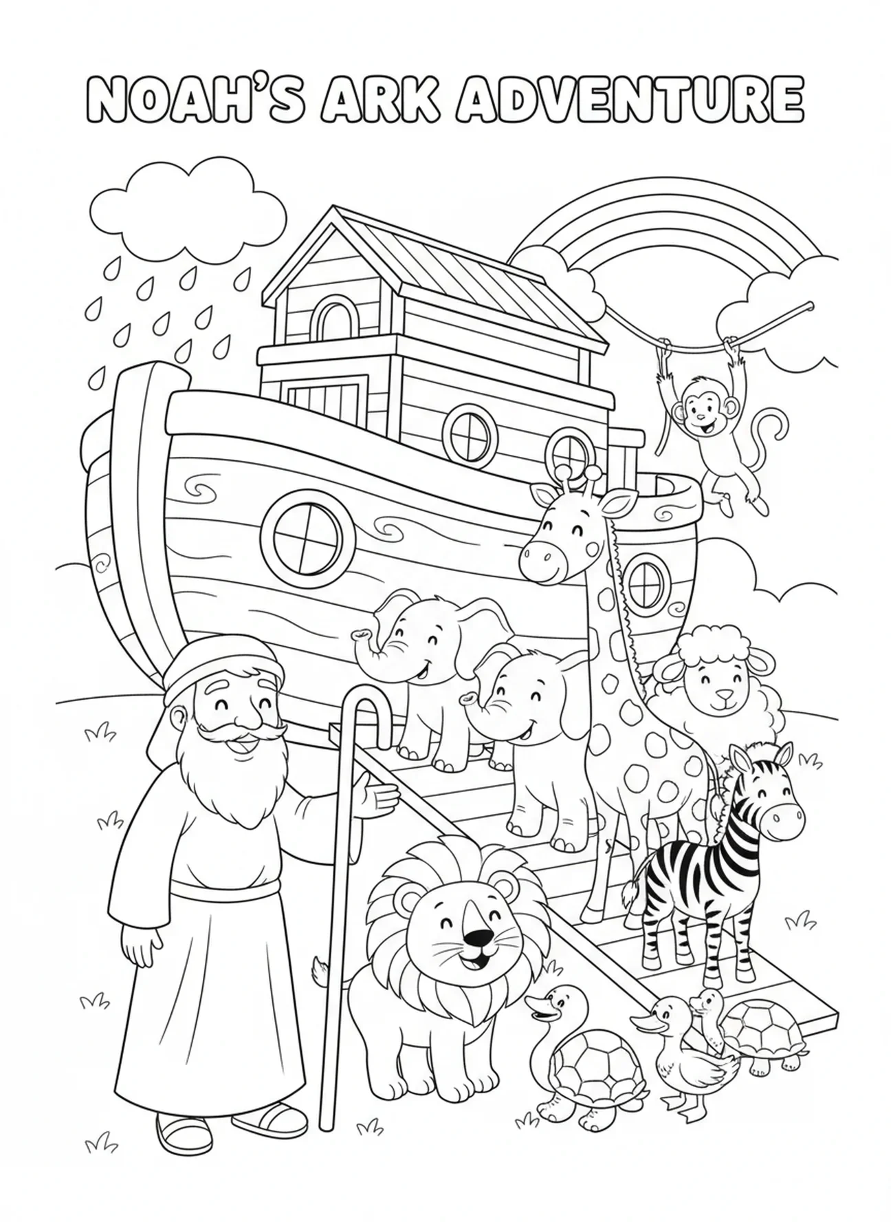Grupo de animales de dibujos animados subiendo al arca, página para colorear de VBS Guardianes del Reino para niños de 5 a 10 años.
