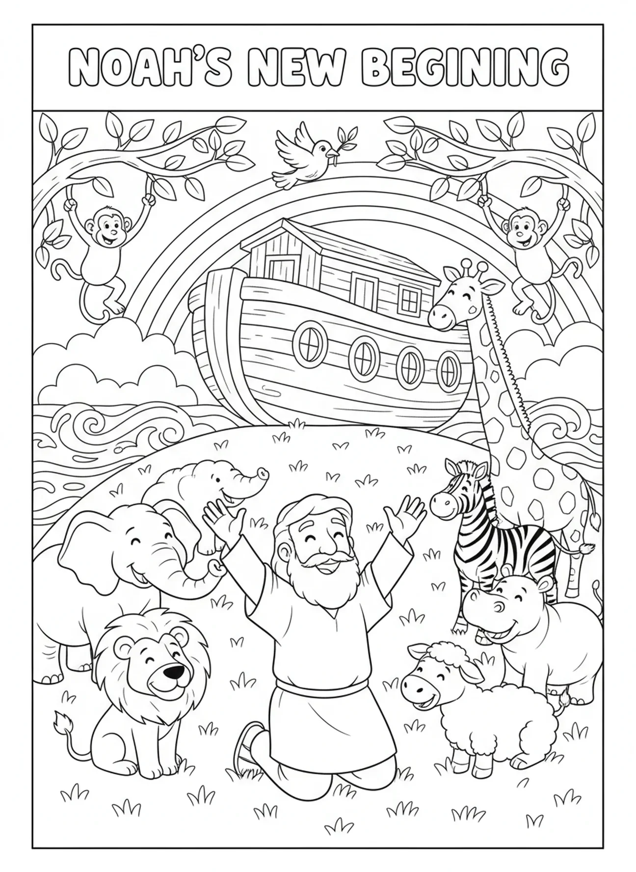Noé agradeciendo a Dios, página para colorear de VBS Guardianes del Reino para niños de 5 a 10 años.