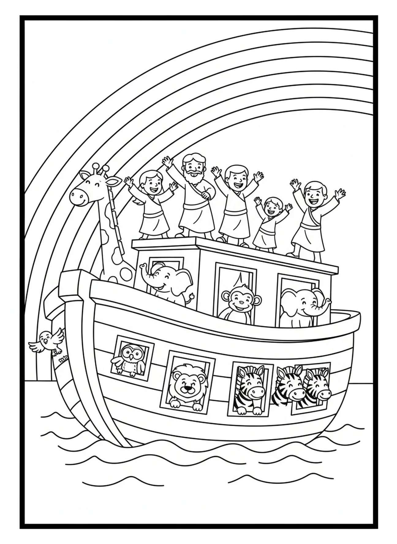 Arcoíris sobre el arca, página para colorear de VBS Guardianes del Reino para niños de 5 a 10 años.