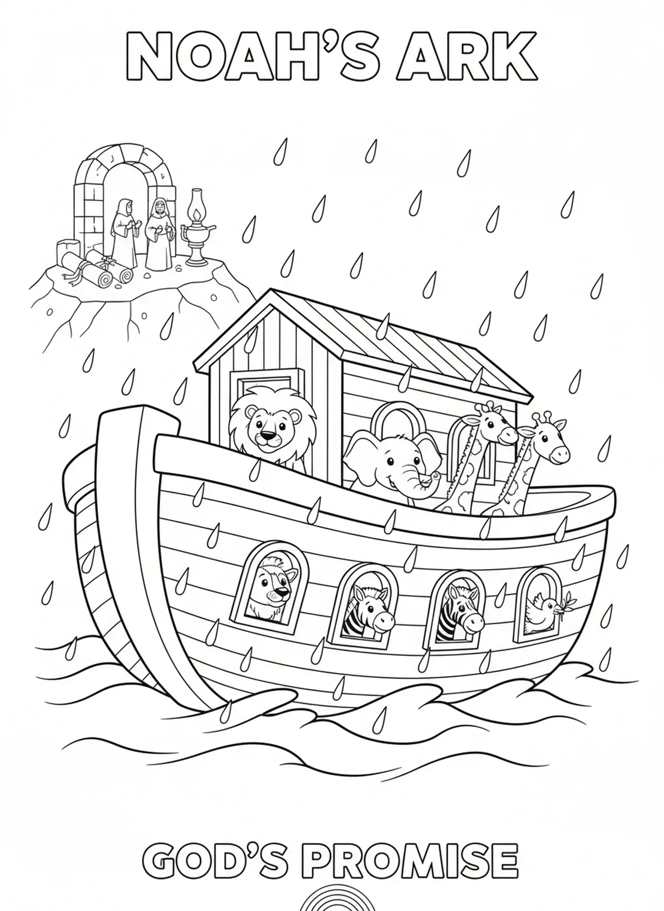 Noach's Ark drijvend op golven, Vakantie Bijbel School kleurplaat voor Zondagsschool kinderen van 5-12 jaar.