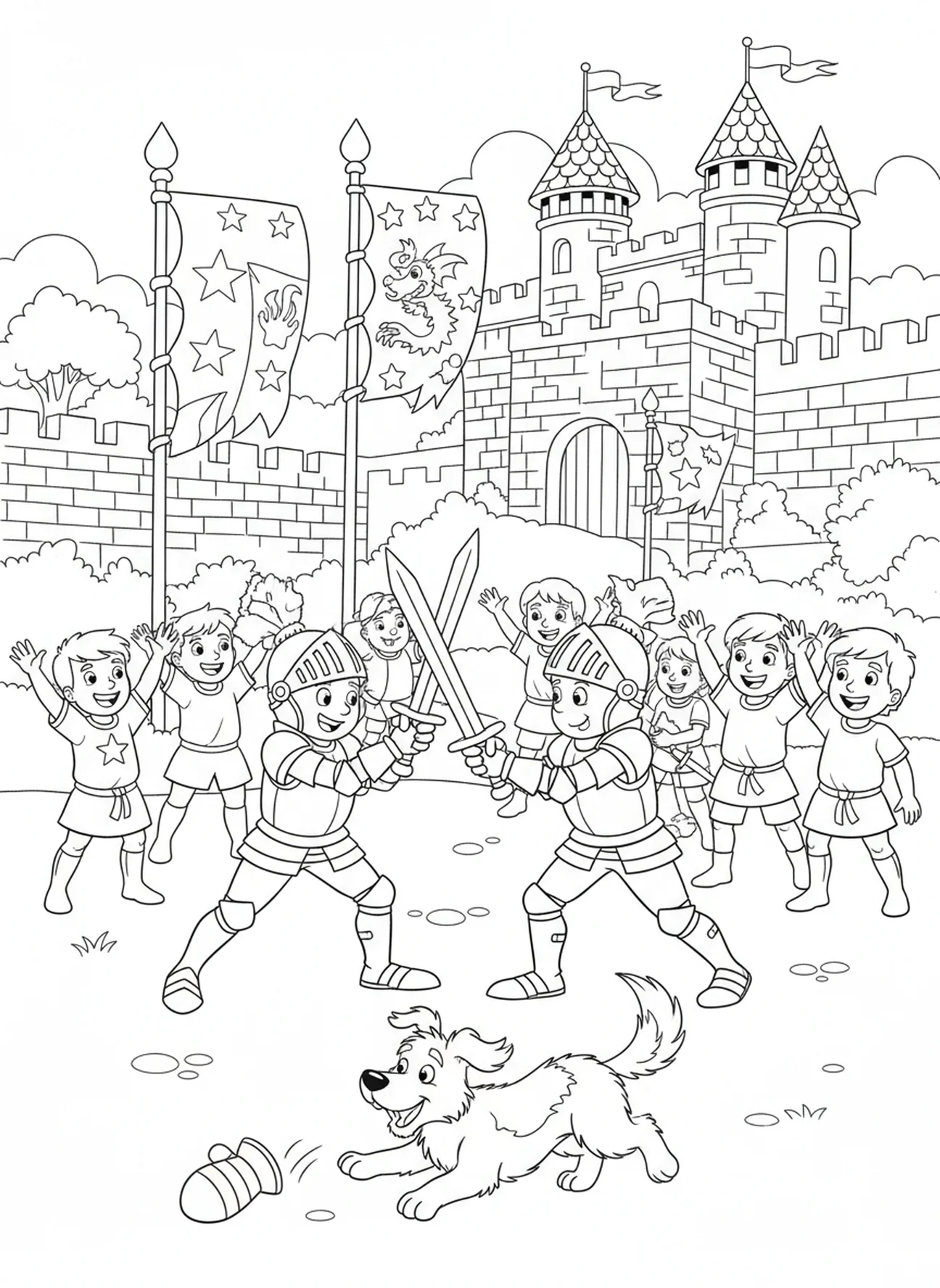 Cavaleiros praticando esgrima, página de colorir do Castelo dos Cavaleiros para crianças de 5 a 10 anos