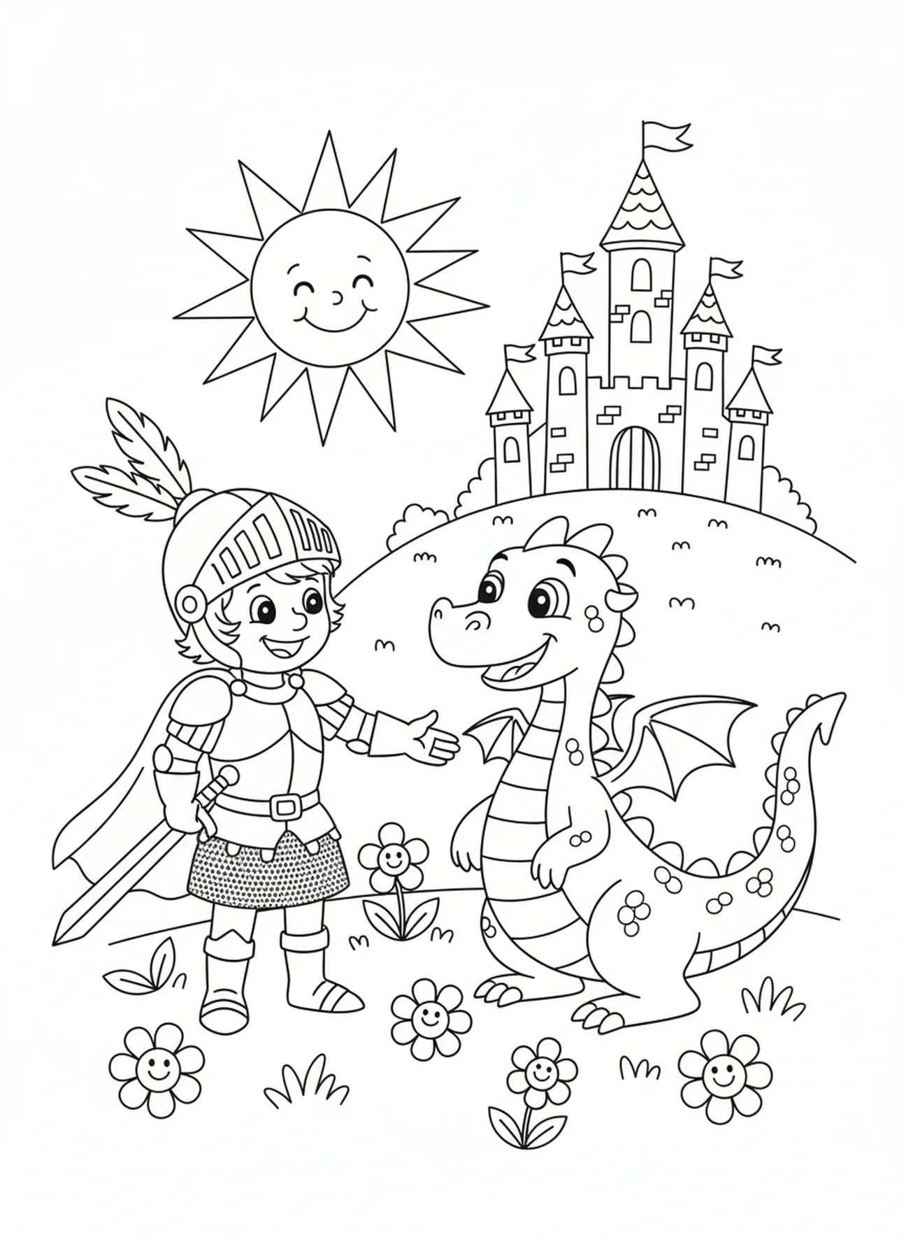 Cavaleiro corajoso fazendo amizade com um dragão, página de colorir do Castelo dos Cavaleiros para crianças de 5 a 10 anos
