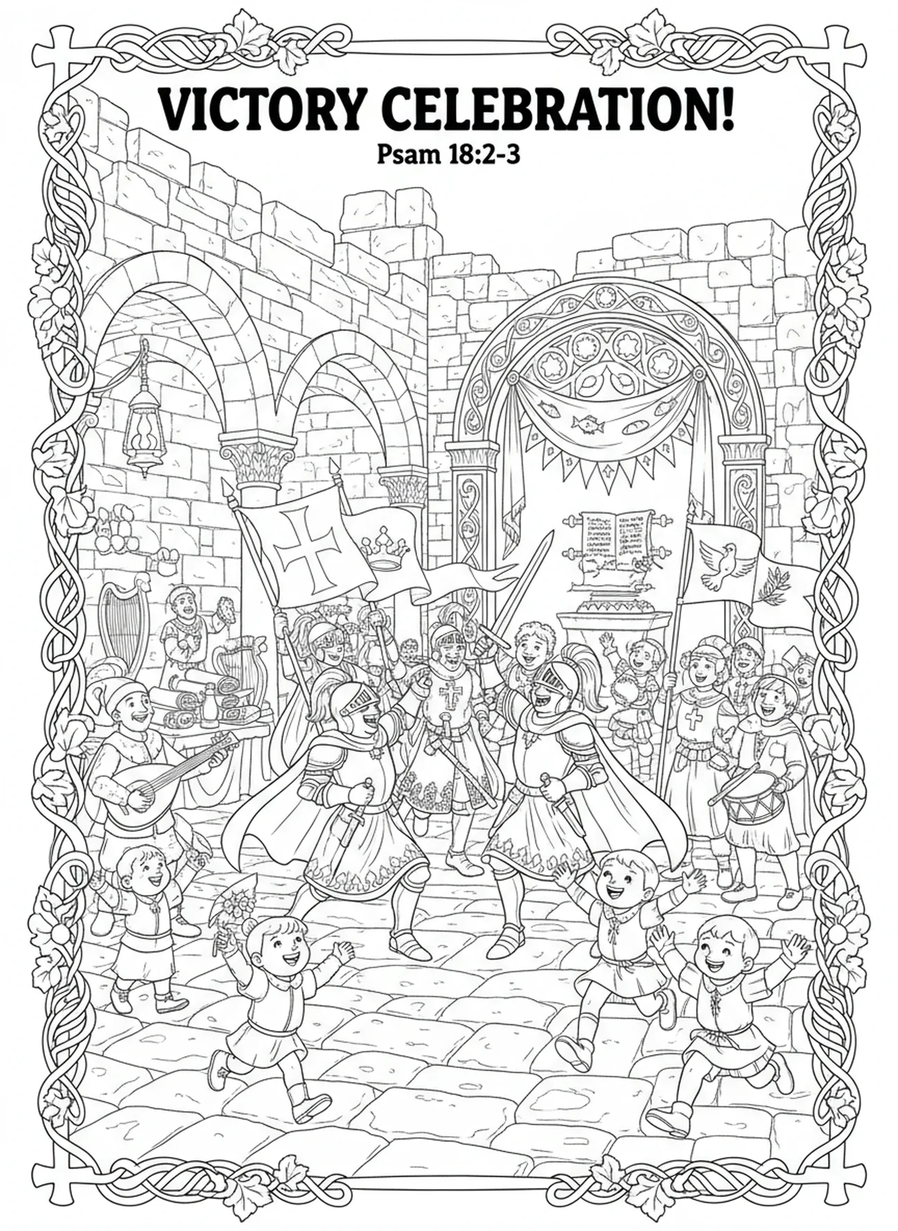 Des chevaliers célébrant joyeusement leur victoire, page à colorier de VBS Chevaliers pour les enfants de l'École du dimanche âgés de 5 à 12 ans.