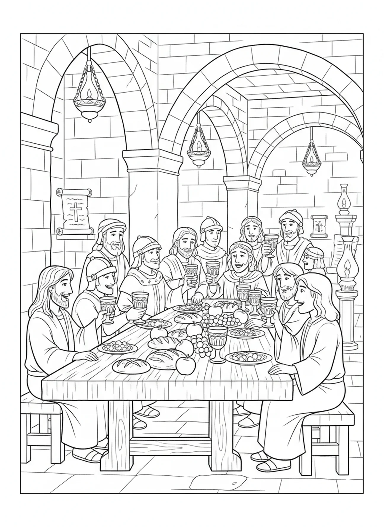 Chevaliers réunis autour d'une table de festin, page à colorier du Château des Chevaliers pour l'École du dimanche, enfants de 5 à 12 ans.