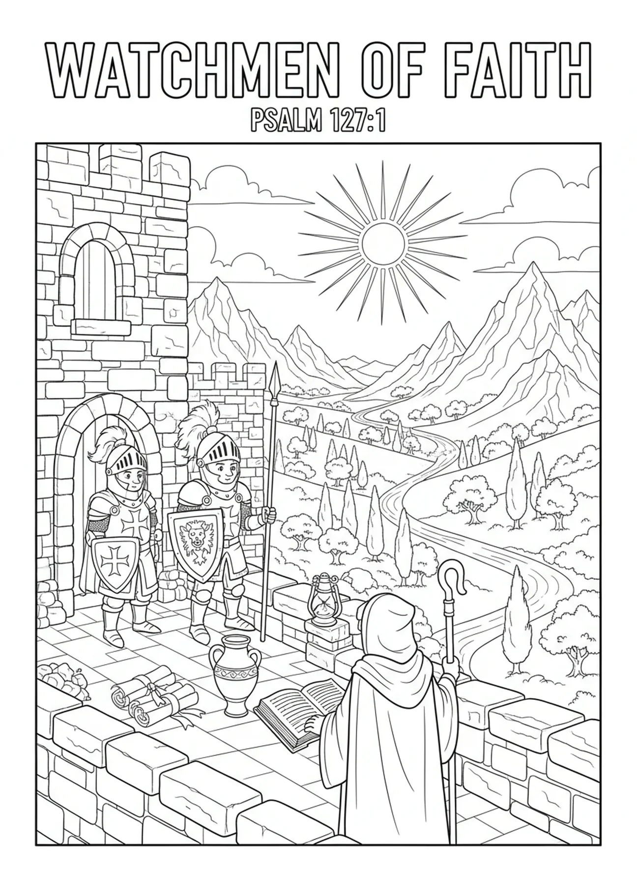 Chevaliers veillant sur les murs du château, page à colorier Chevaliers du VBS pour les enfants de catéchisme âgés de 5 à 12 ans.