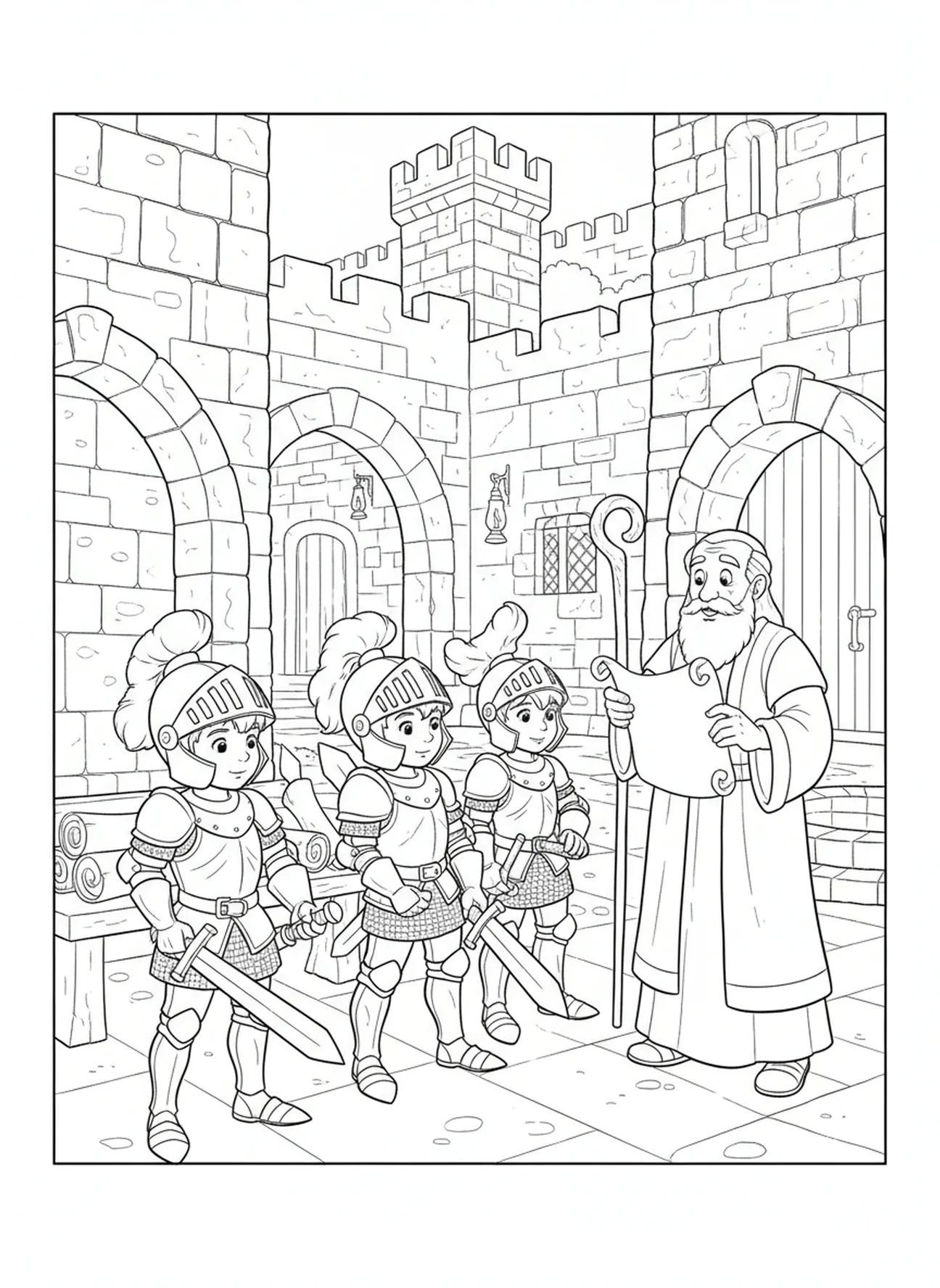 Chevaliers en armure et avec des armes, page à colorier du Château des Chevaliers pour l'École du dimanche, enfants de 5 à 12 ans.