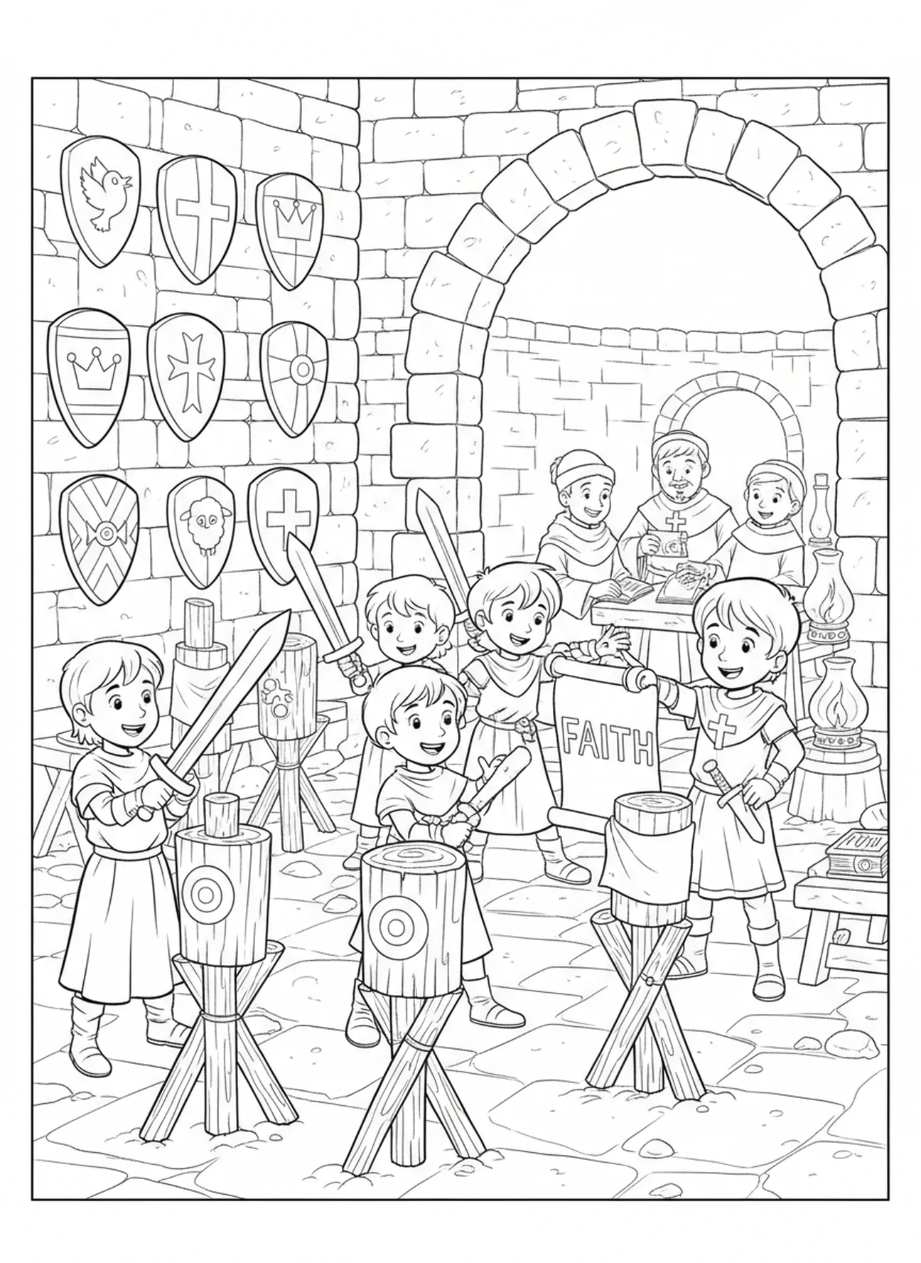 Chevaliers s'entraînant aux compétences d'épée, page à colorier du château des chevaliers pour les enfants de l'École du dimanche âgés de 5 à 12 ans.