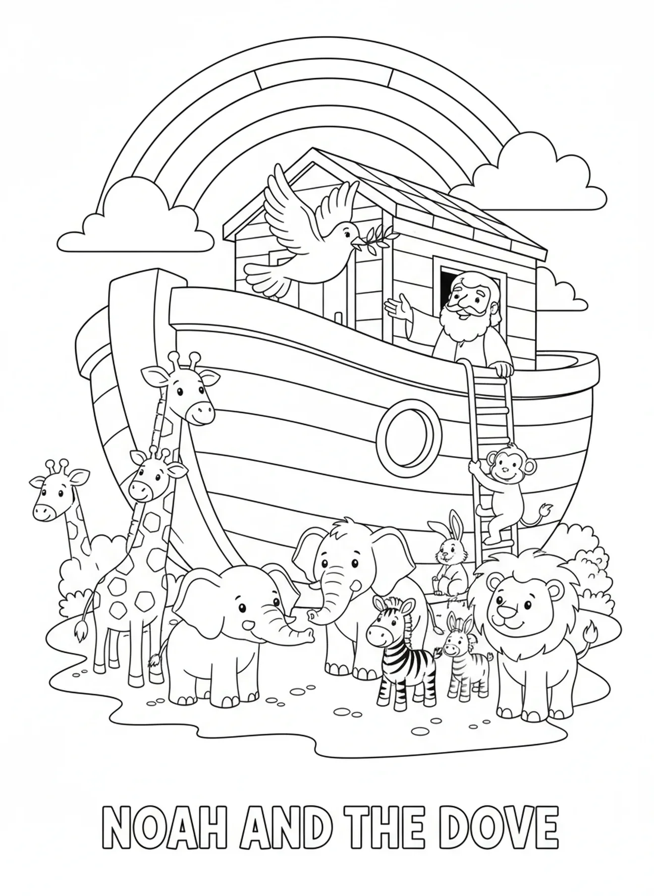Taube mit Olivenzweig, Ausmalbild für die Sonntagsschule für Kinder im Alter von 5-10 Jahren